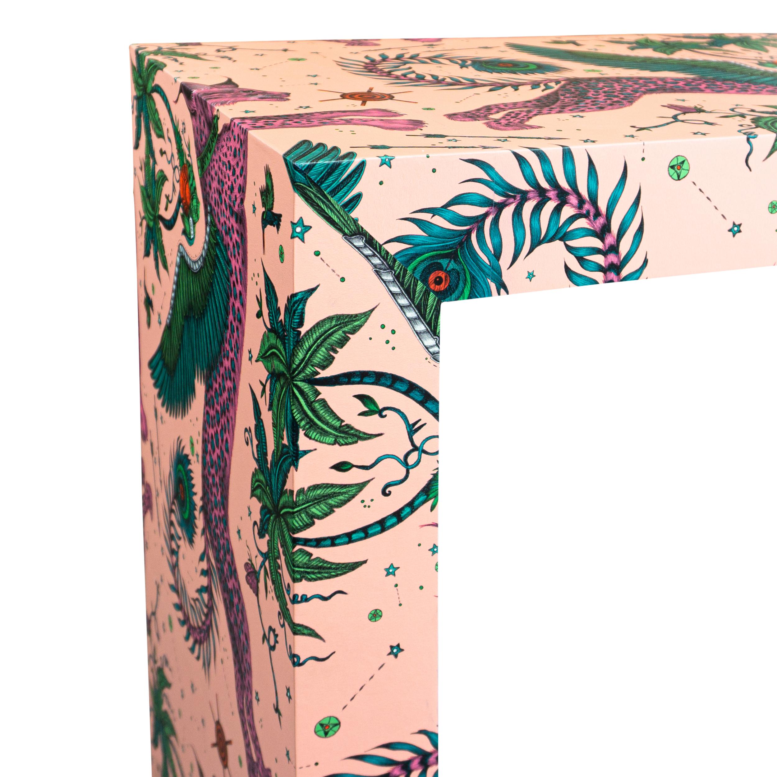 Fantastical Pale Pink Lynx Waterfall Console Table w Emerald Leopard Belly For Sale 5