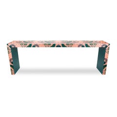 Fantastical Pale Pink Lynx Waterfall Console Table w Emerald Leopard Belly