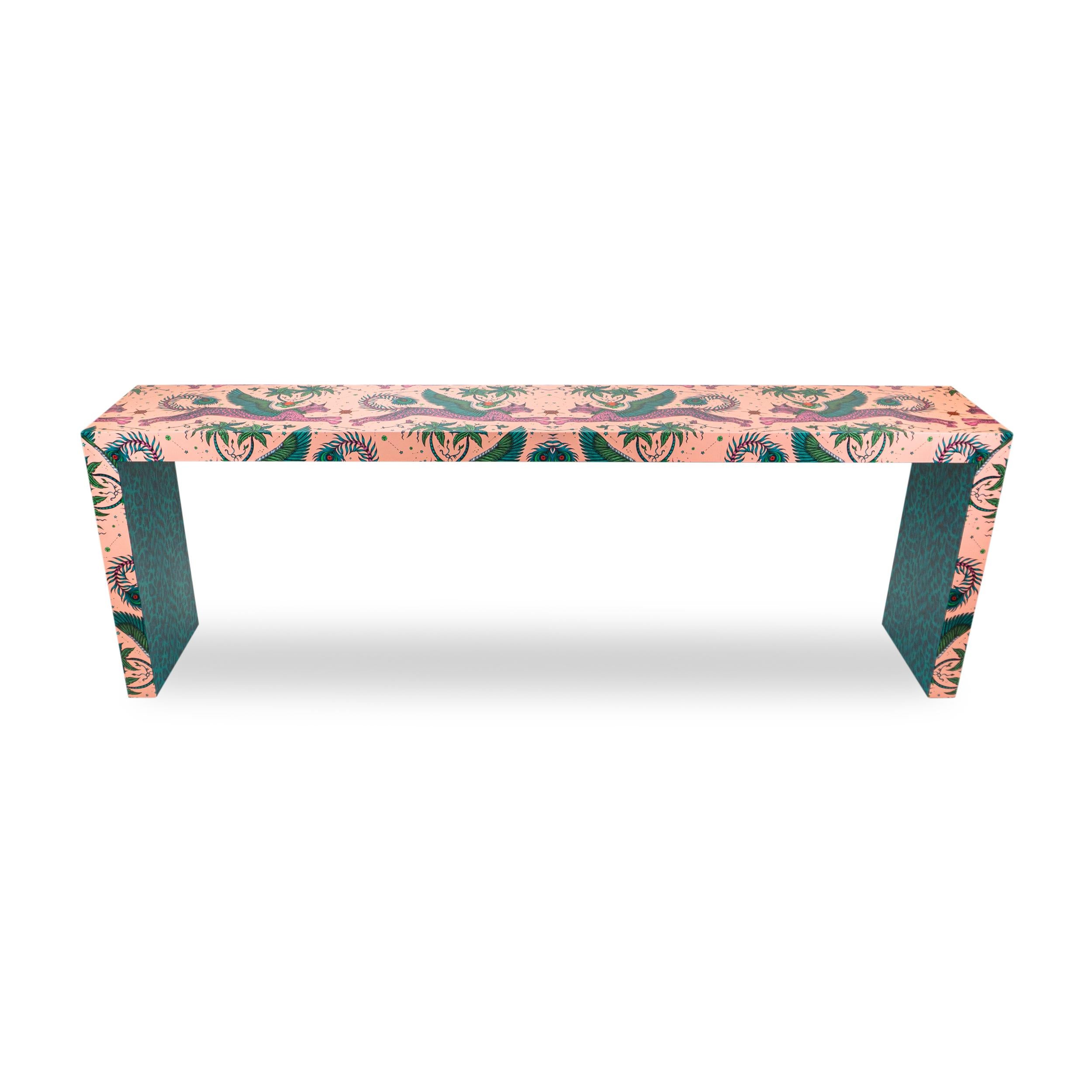 Modern Fantastical Pale Pink Lynx Waterfall Console Table w Emerald Leopard Belly For Sale