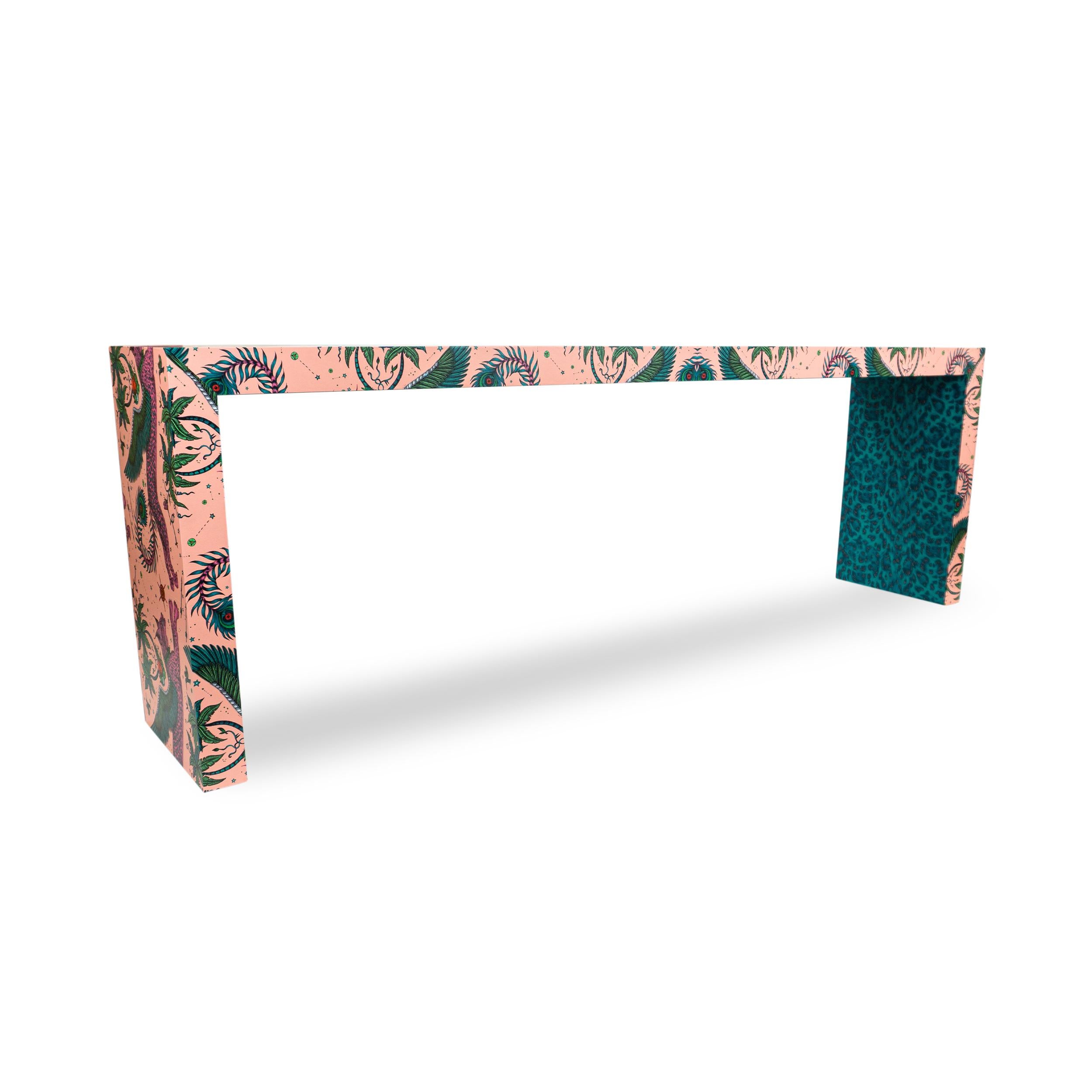 American Fantastical Pale Pink Lynx Waterfall Console Table w Emerald Leopard Belly For Sale