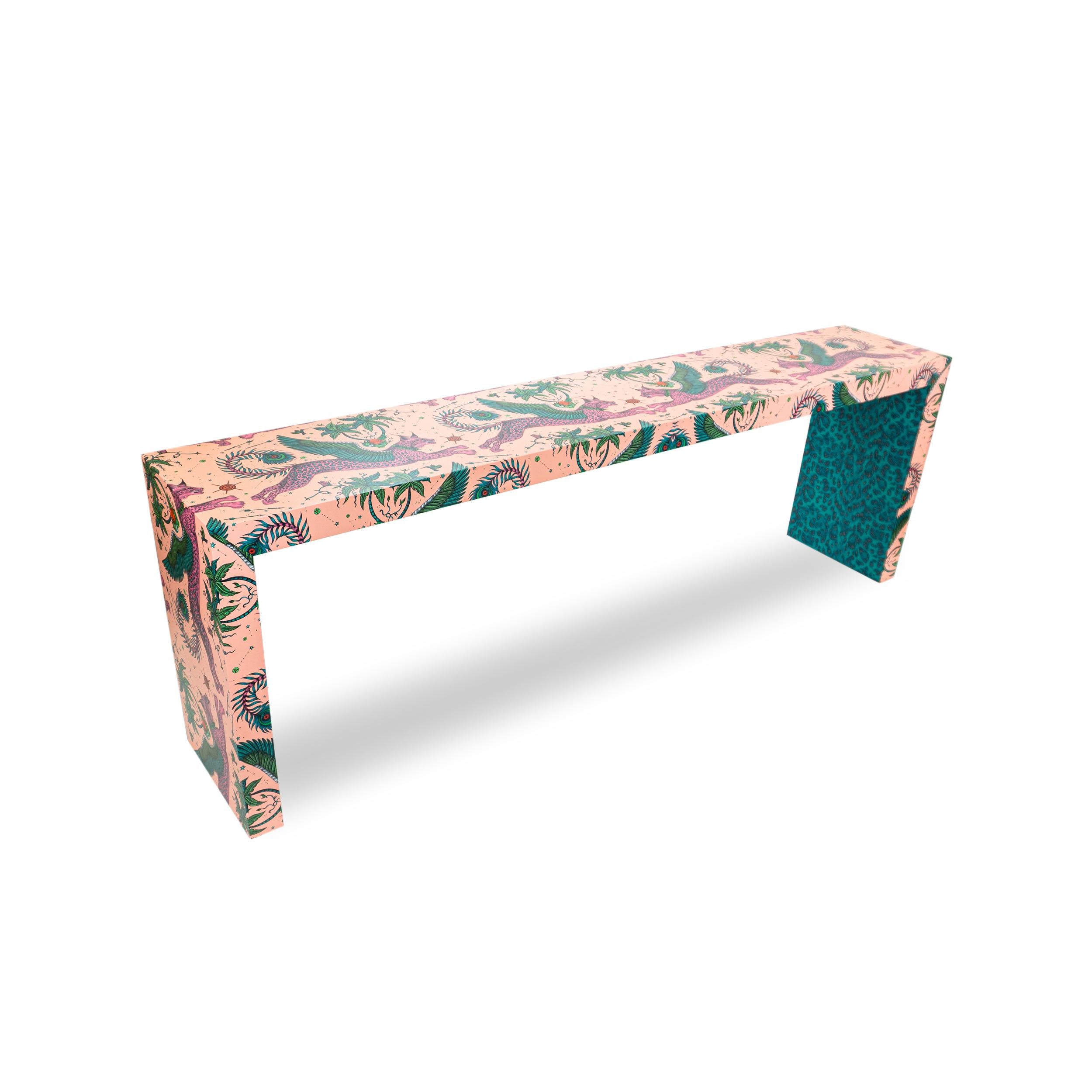 Contemporary Fantastical Pale Pink Lynx Waterfall Console Table w Emerald Leopard Belly For Sale