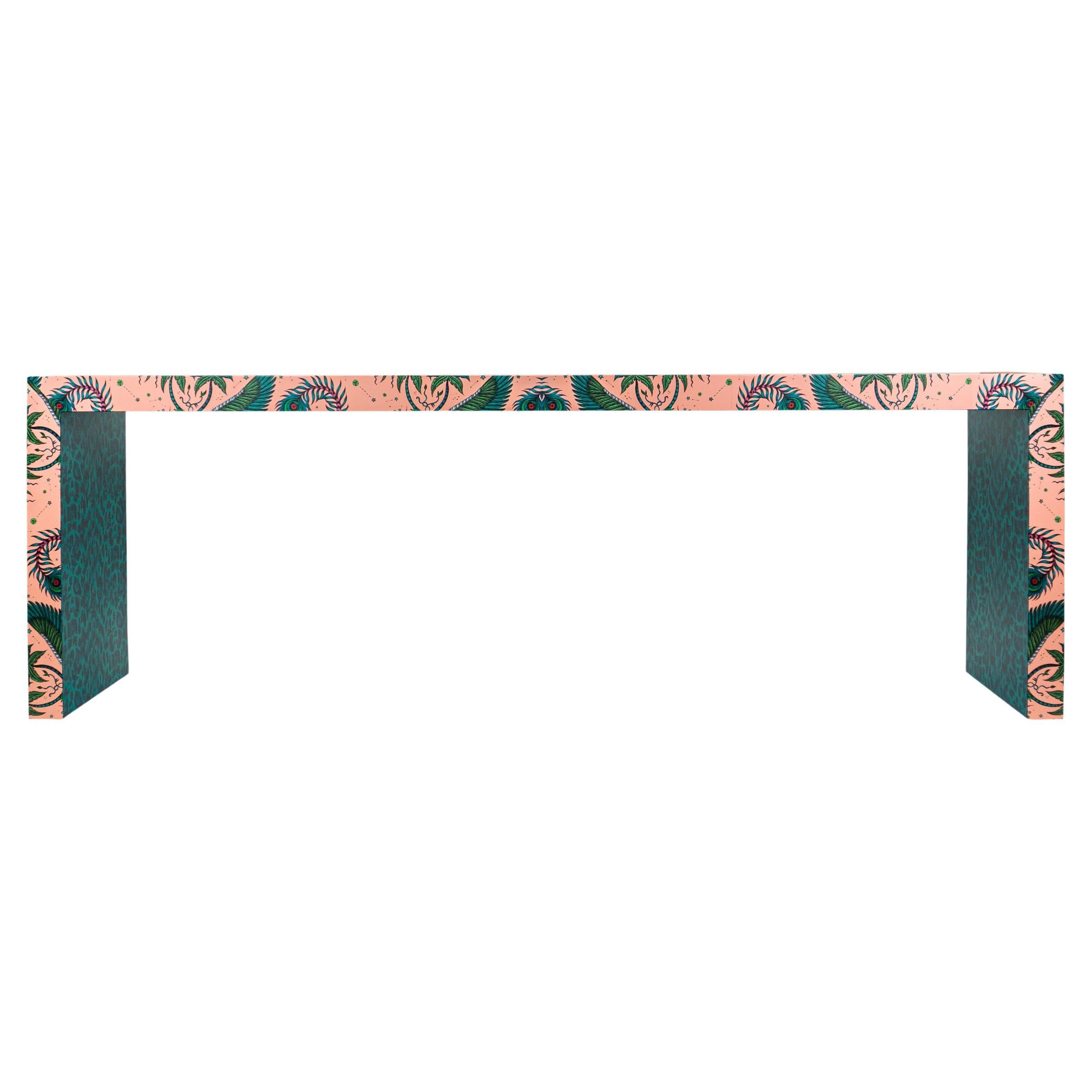 Fantastical Pale Pink Lynx Waterfall Console Table w Emerald Leopard Belly