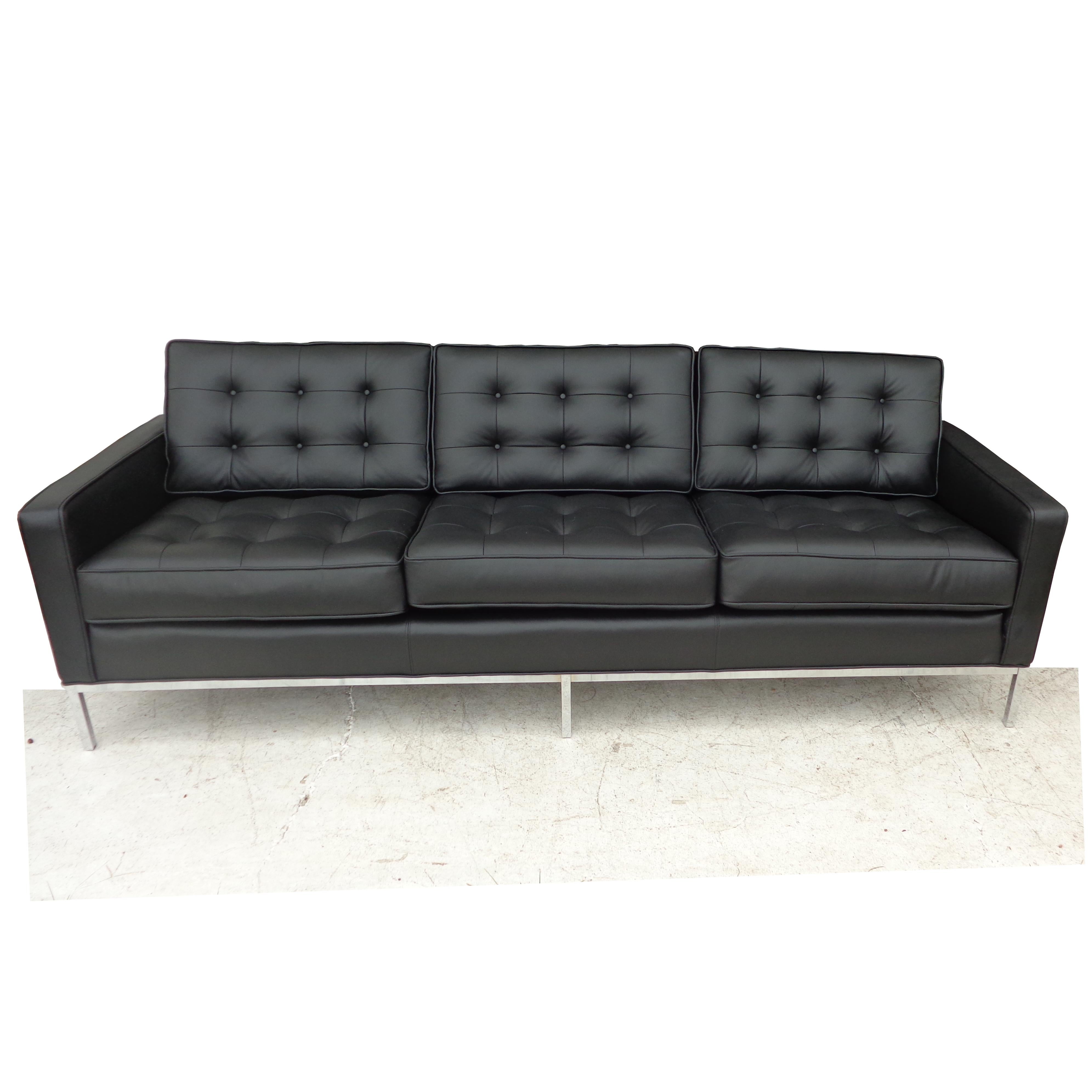 Florence Knoll Schwarzes Leder-Sofa (Moderne der Mitte des Jahrhunderts) im Angebot