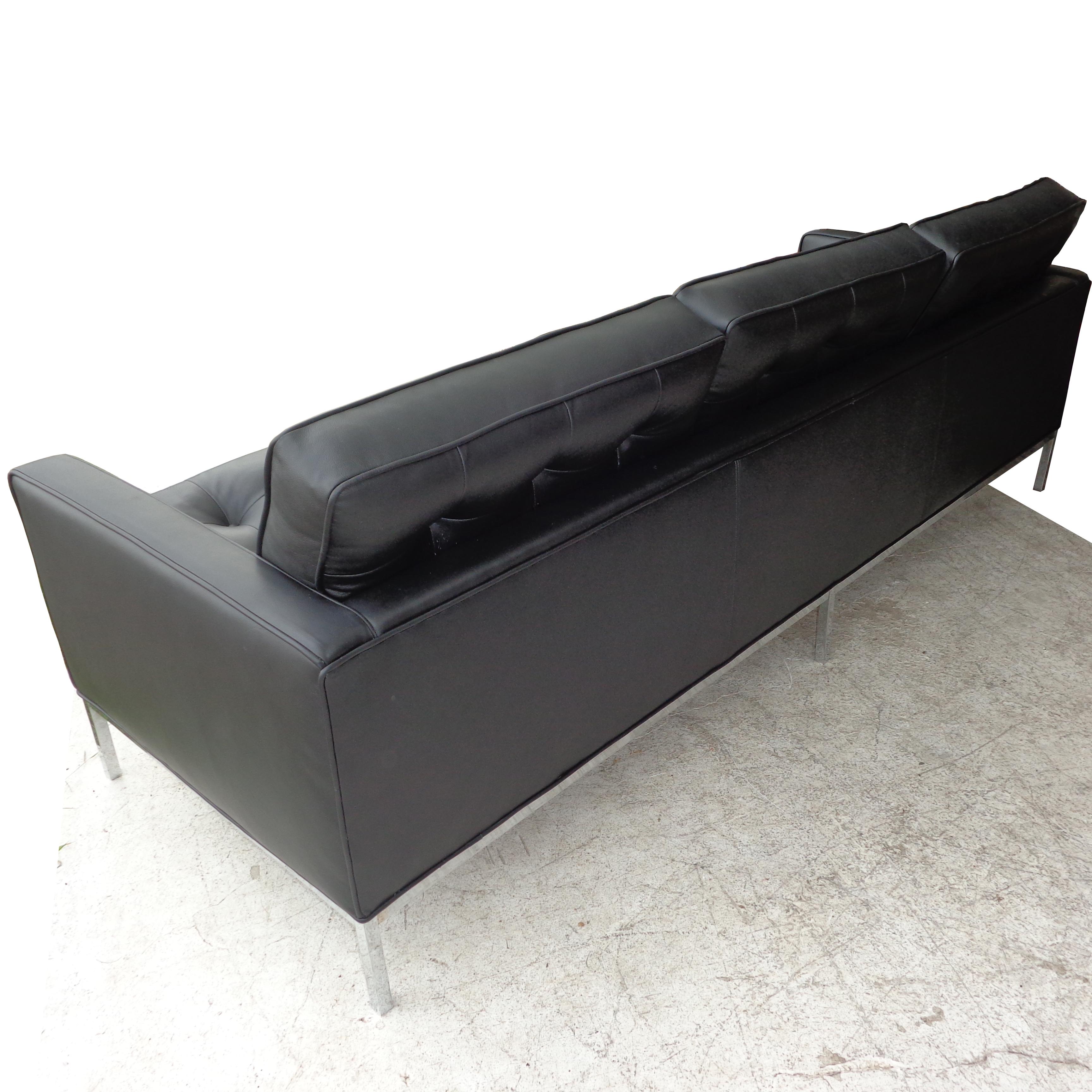 American Florence Knoll Black Leather Sofa For Sale