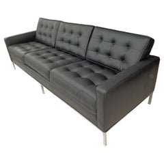 Retro Florence Knoll Black Leather Sofa