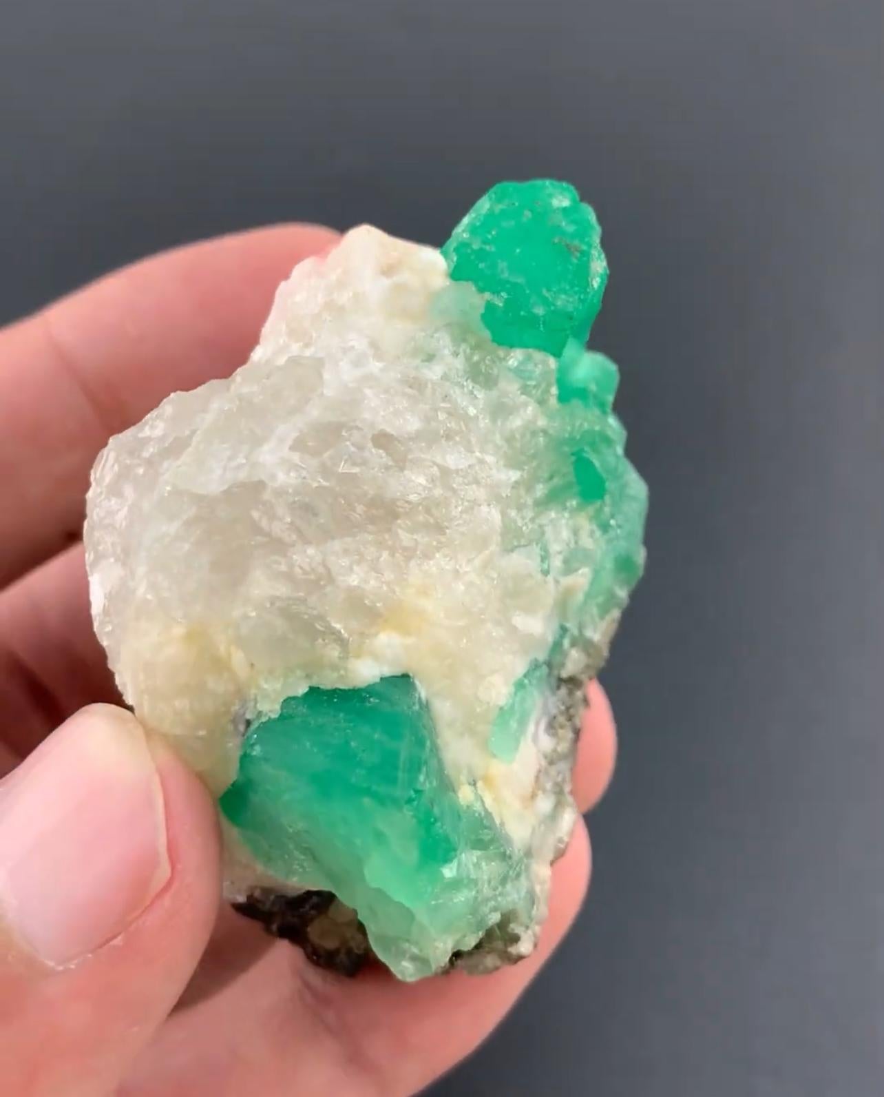 Informations sur le produit :

Type de spécimen : Cristaux d'émeraude sur calcite

Poids : 90 grammes

Dimensions : H : 3,7 x L : 5,6 x P : 3,2 cm : H : 3,7 x L : 5,6 x P : 3,2 cm 

Origine : Garam Chashma, vallée de Chitral, Pakistan 

Traitement :