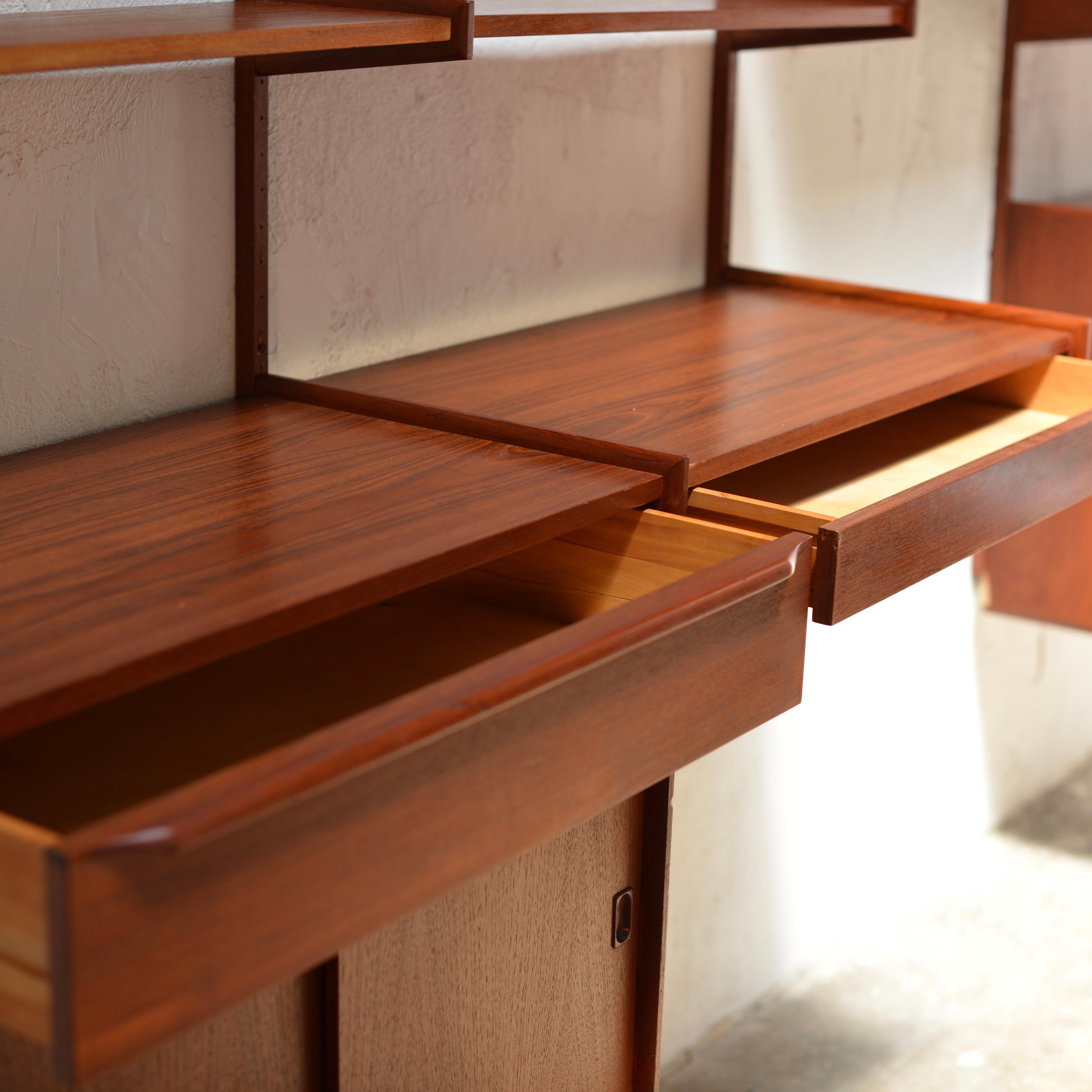 90 Piece Teak Wall Unit by Scandiline, Norway Customizable In Excellent Condition For Sale In Los Angeles, CA