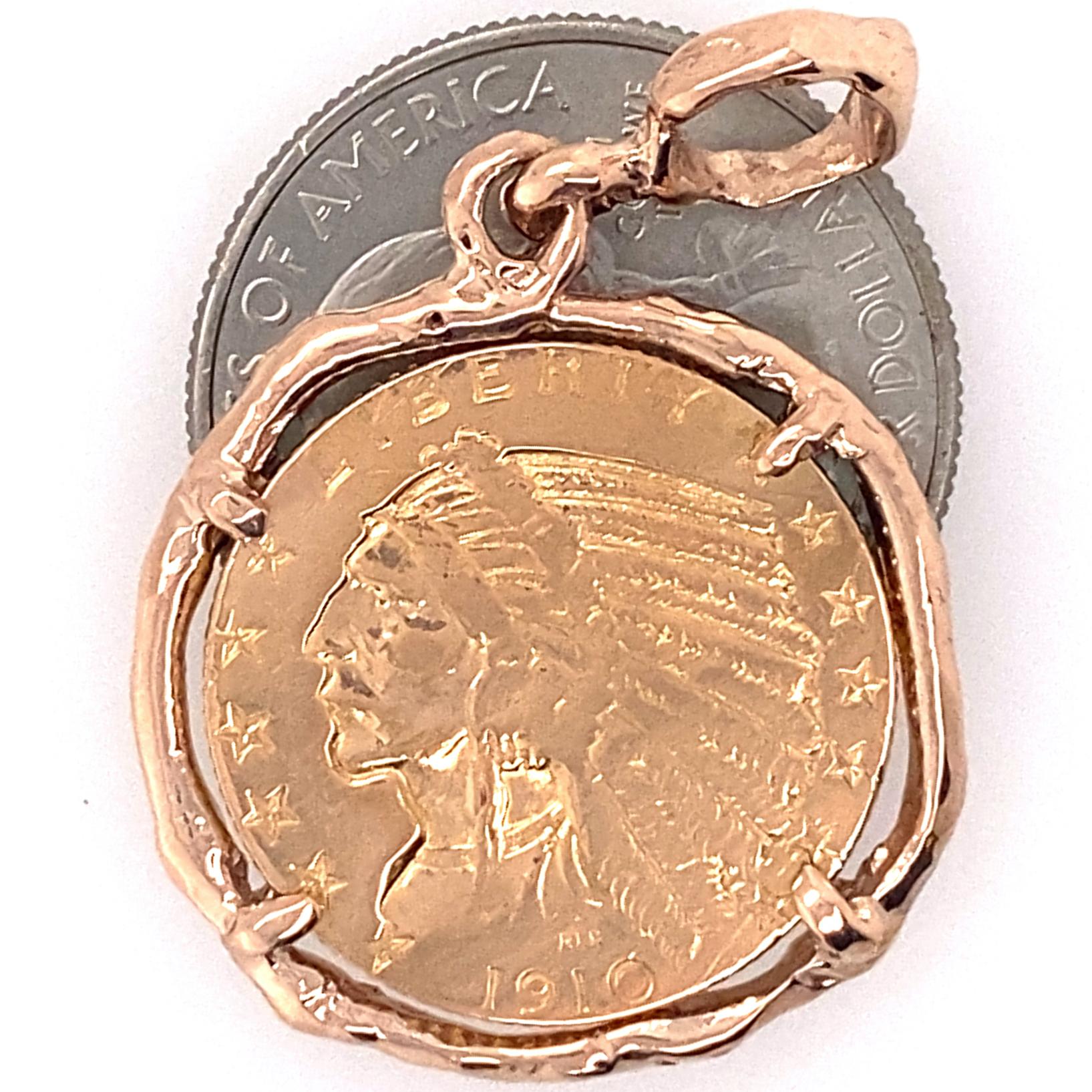 90% Pure Gold Half Eagle Coin Framed in Hand-Crafted Rose Gold Pendant In Excellent Condition In Sherman Oaks, CA