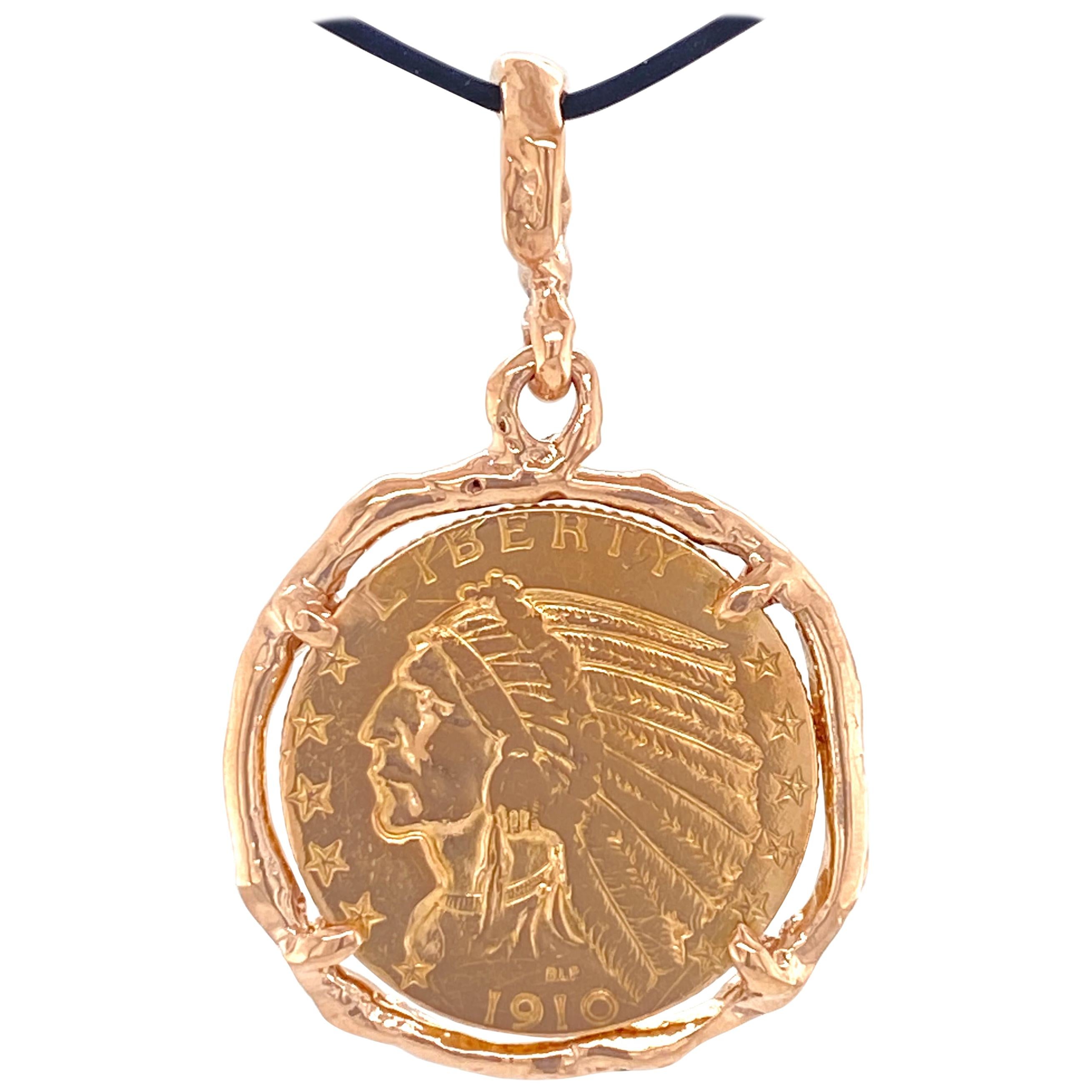 90% Pure Gold Half Eagle Coin Framed in Hand-Crafted Rose Gold Pendant