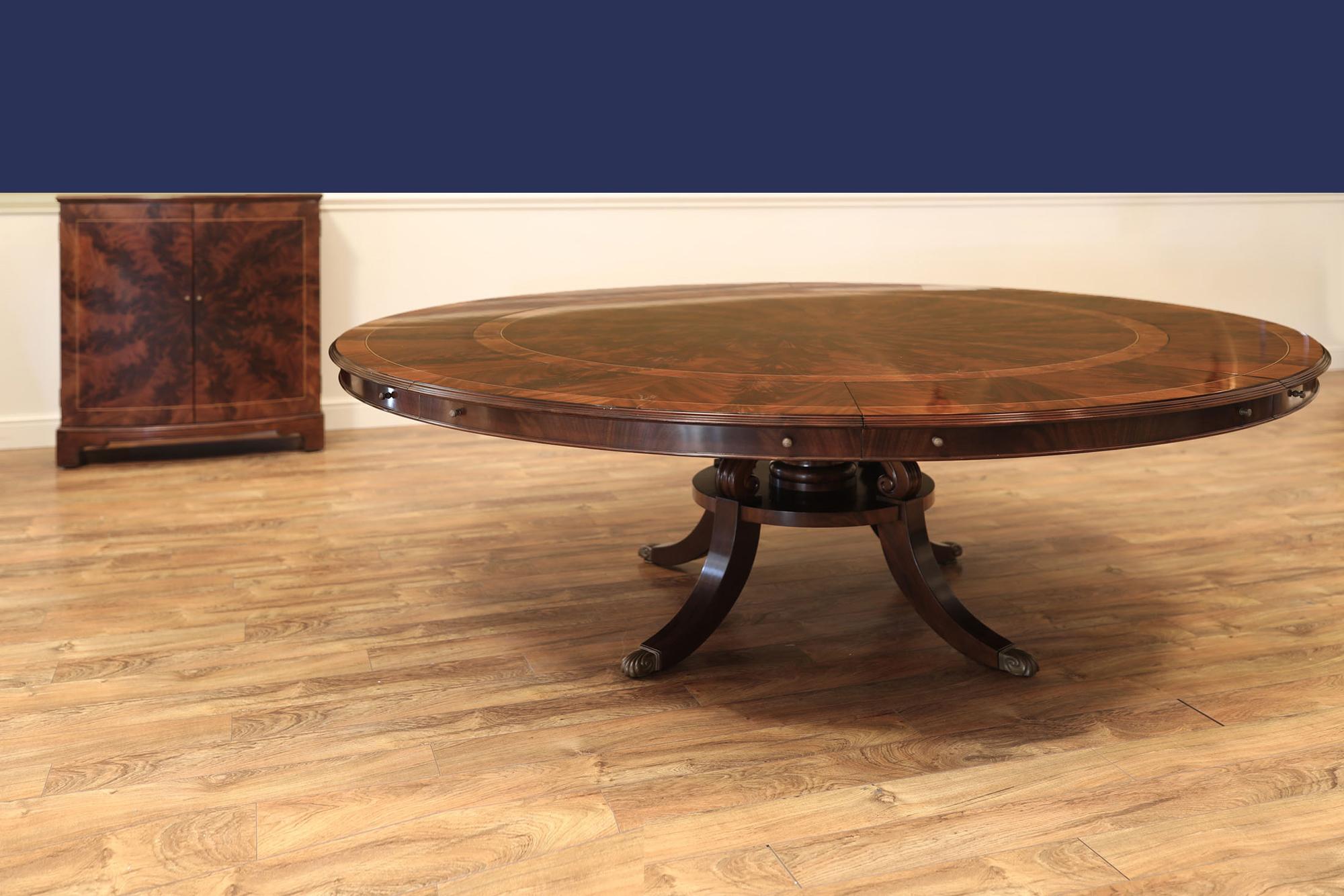 90” Round Mahogany Dining Table w/Leaf Storage Cabinet by Leighton Hall For Sale 7
