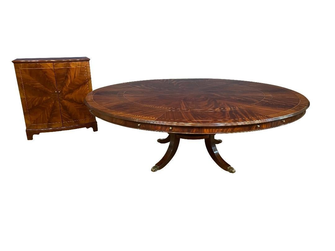 90” Round Mahogany Dining Table w/Leaf Storage Cabinet by Leighton Hall In New Condition For Sale In Suwanee, GA