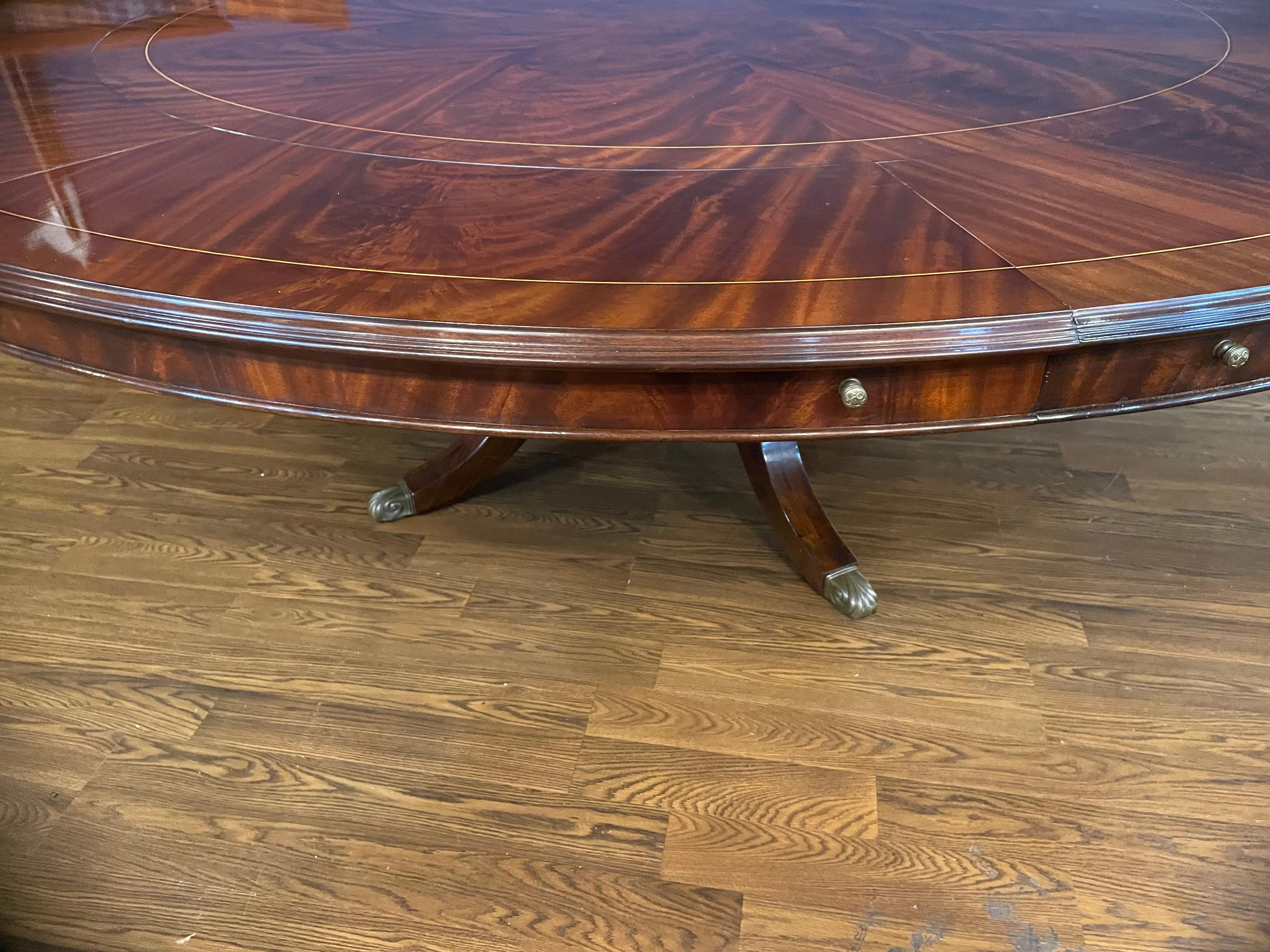 90” Round Mahogany Dining Table w/Leaf Storage Cabinet by Leighton Hall For Sale 1