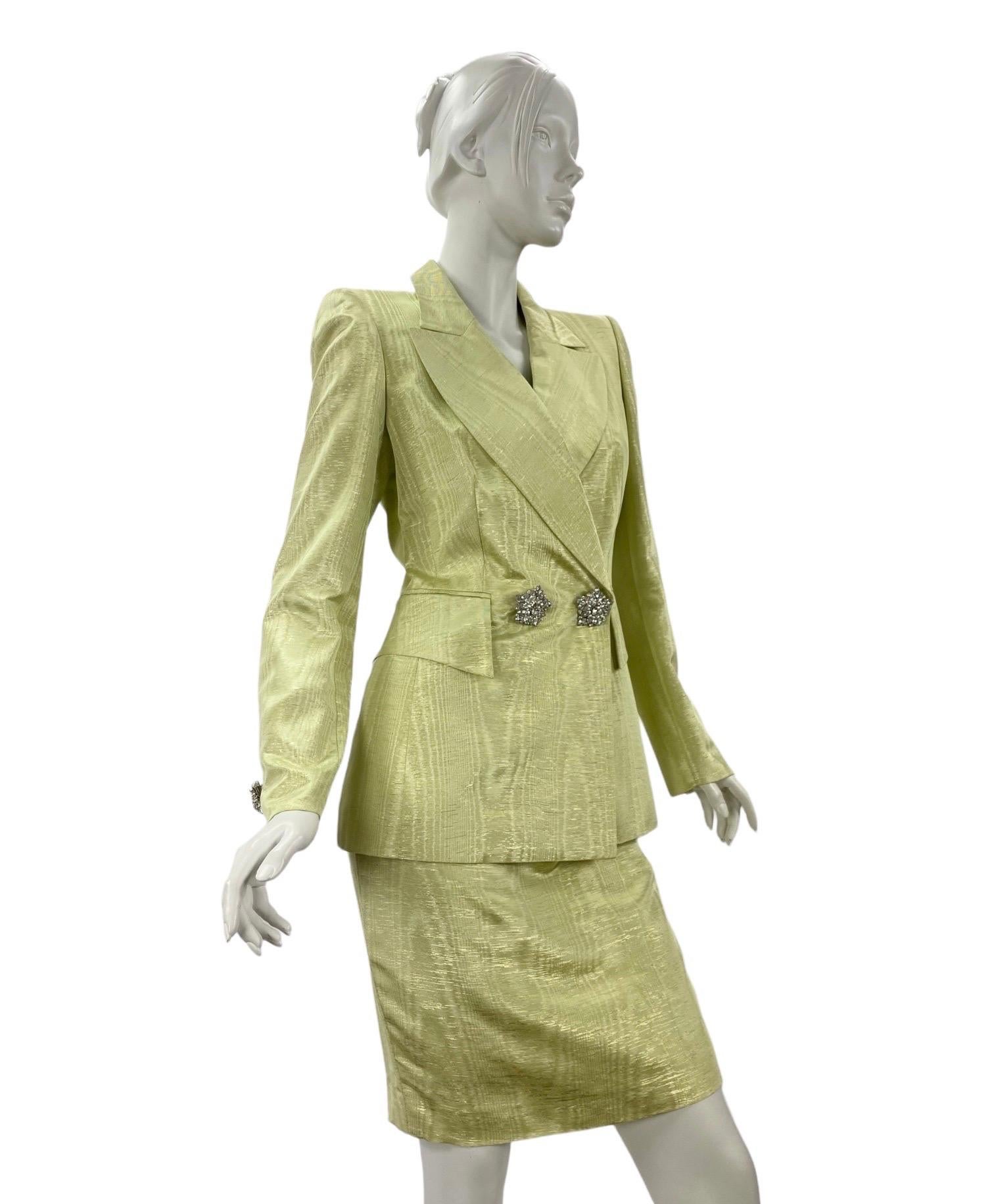 90-s Vintage Escada Couture Crystal Embellished Moire Skirt Suit 
Color: Green Apple with Gold finish
Crystal Buttons, Fully lined
Size 34
New, with tags
Excellent condition
