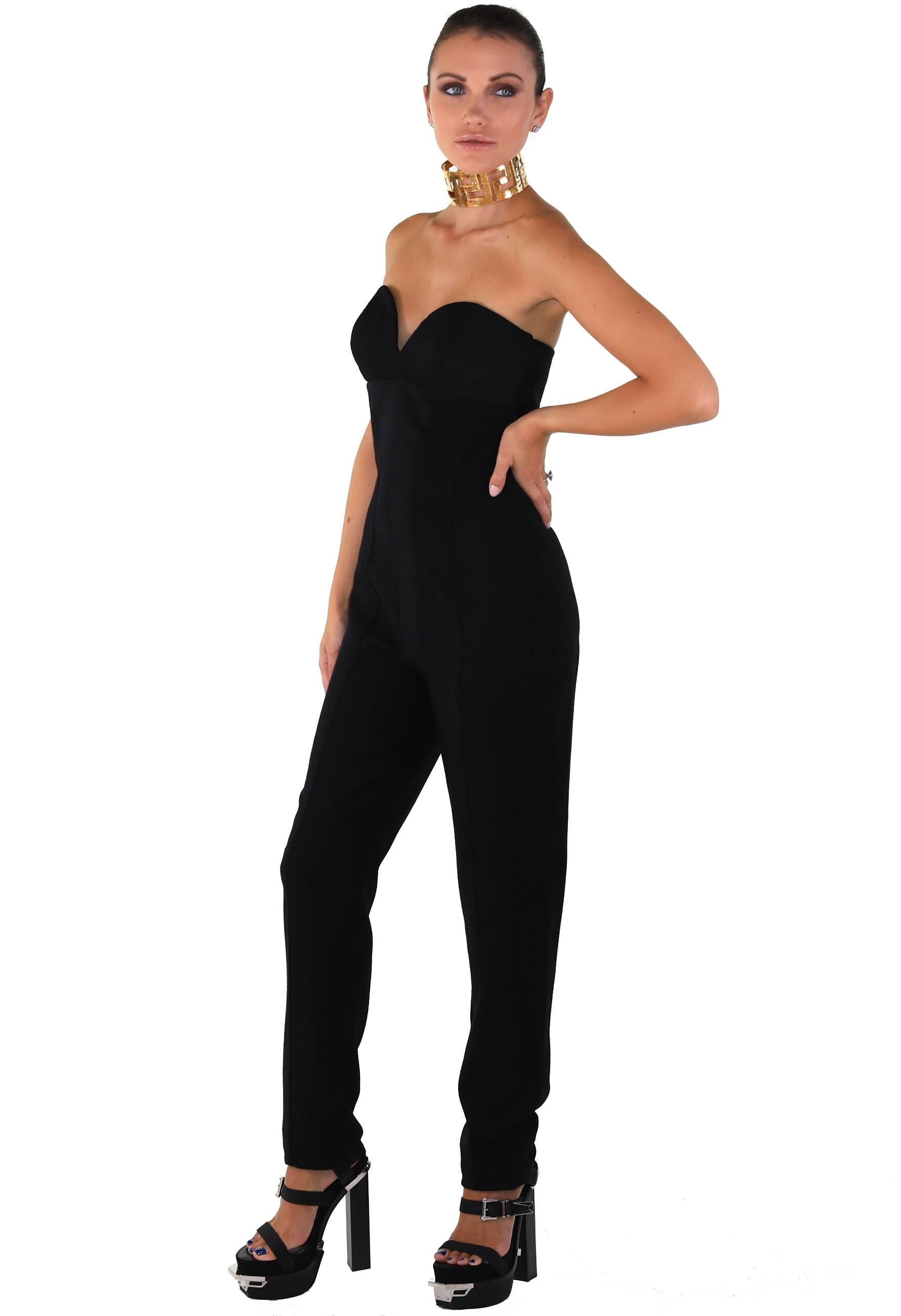 90-s Vintage Gianni Versace Couture Strapless Black Jumpsuit 38 - 2 In New Condition For Sale In Montgomery, TX