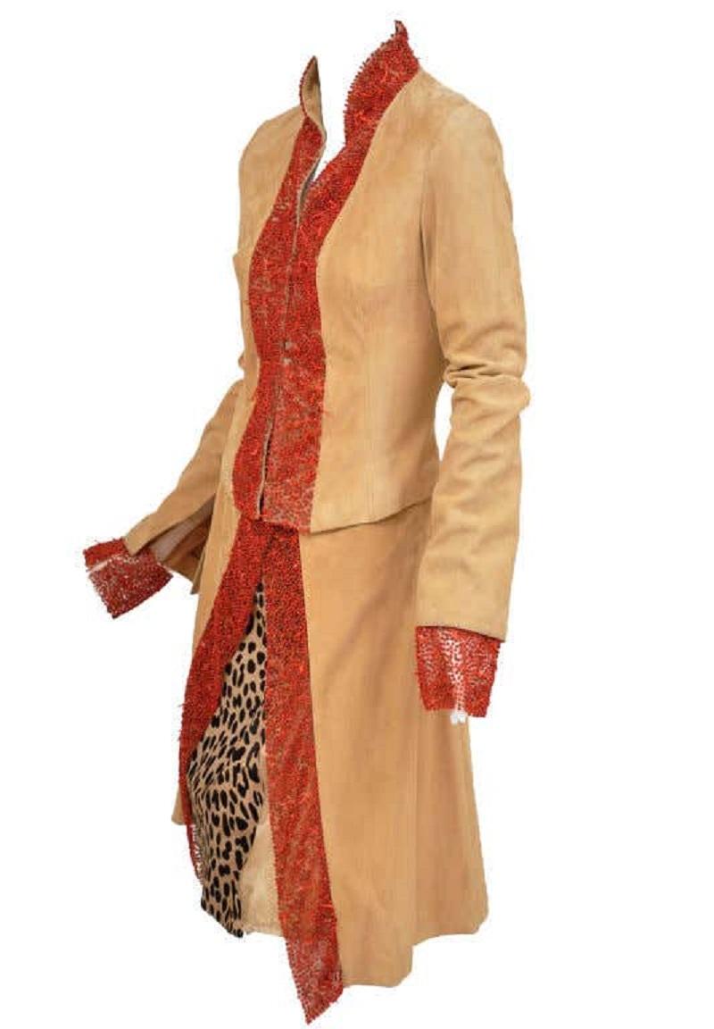 90-s Vintage Gianni Versace suede skirt suit with corals
Editor’s note:
A glamorous jacket is finished with genuine corals. The skirt is also embellished with corals and an animal print panel.
Details:
Size: Italian size 40 – US 4/6
Measurements: