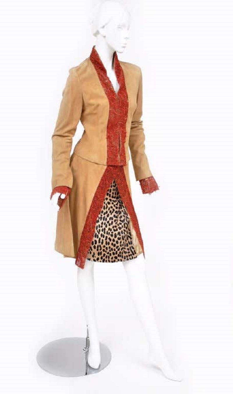 90-s Vintage Gianni Versace suede skirt suit with corals NWT! In New Condition For Sale In Montgomery, TX