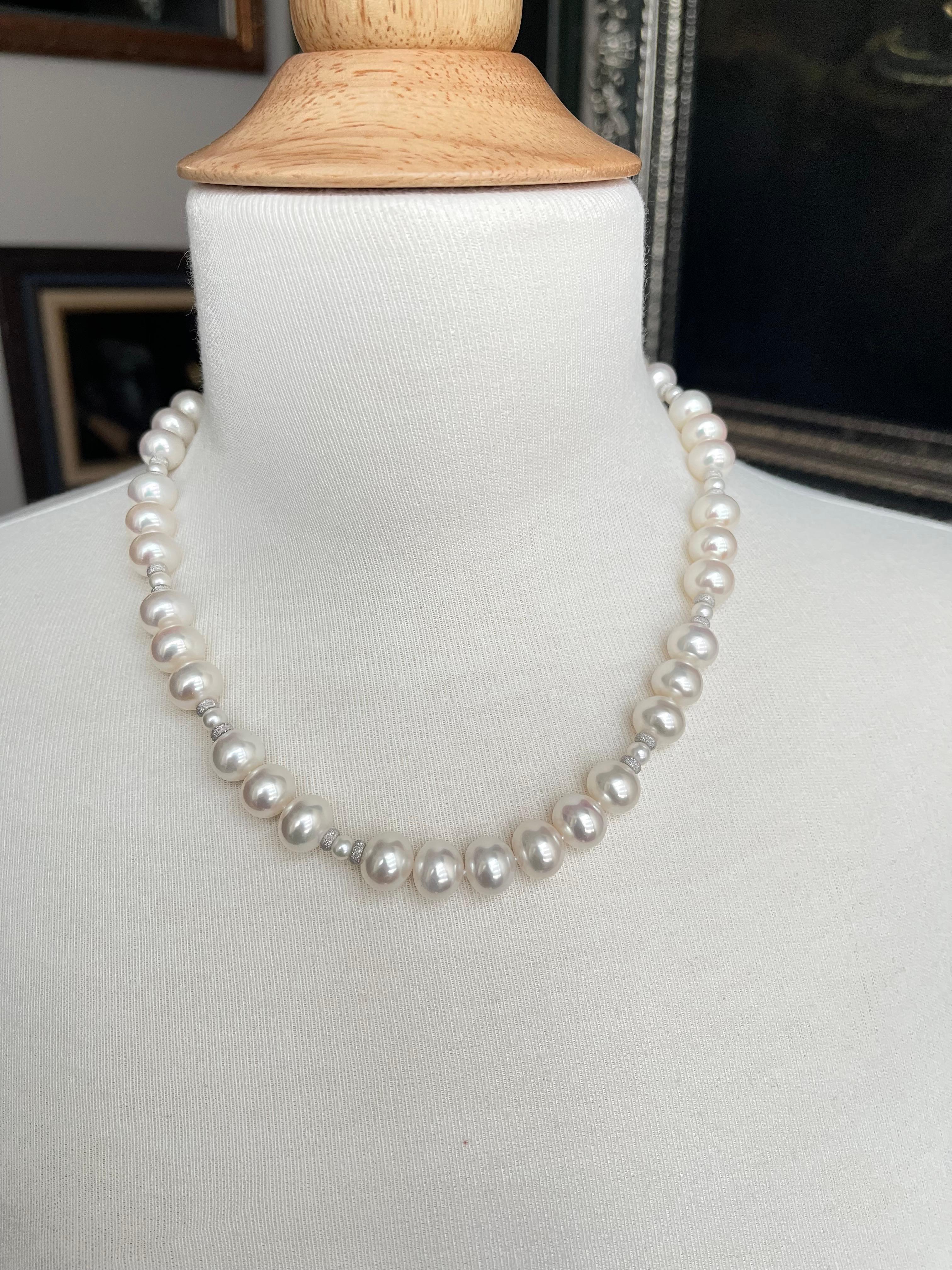 Women's or Men's White Freshwater Pearl Necklace with White Gold Accents, 18.5 Inches For Sale