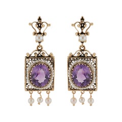 9.00 Carat Amethyst Pearl Yellow Gold Dangle Earrings
