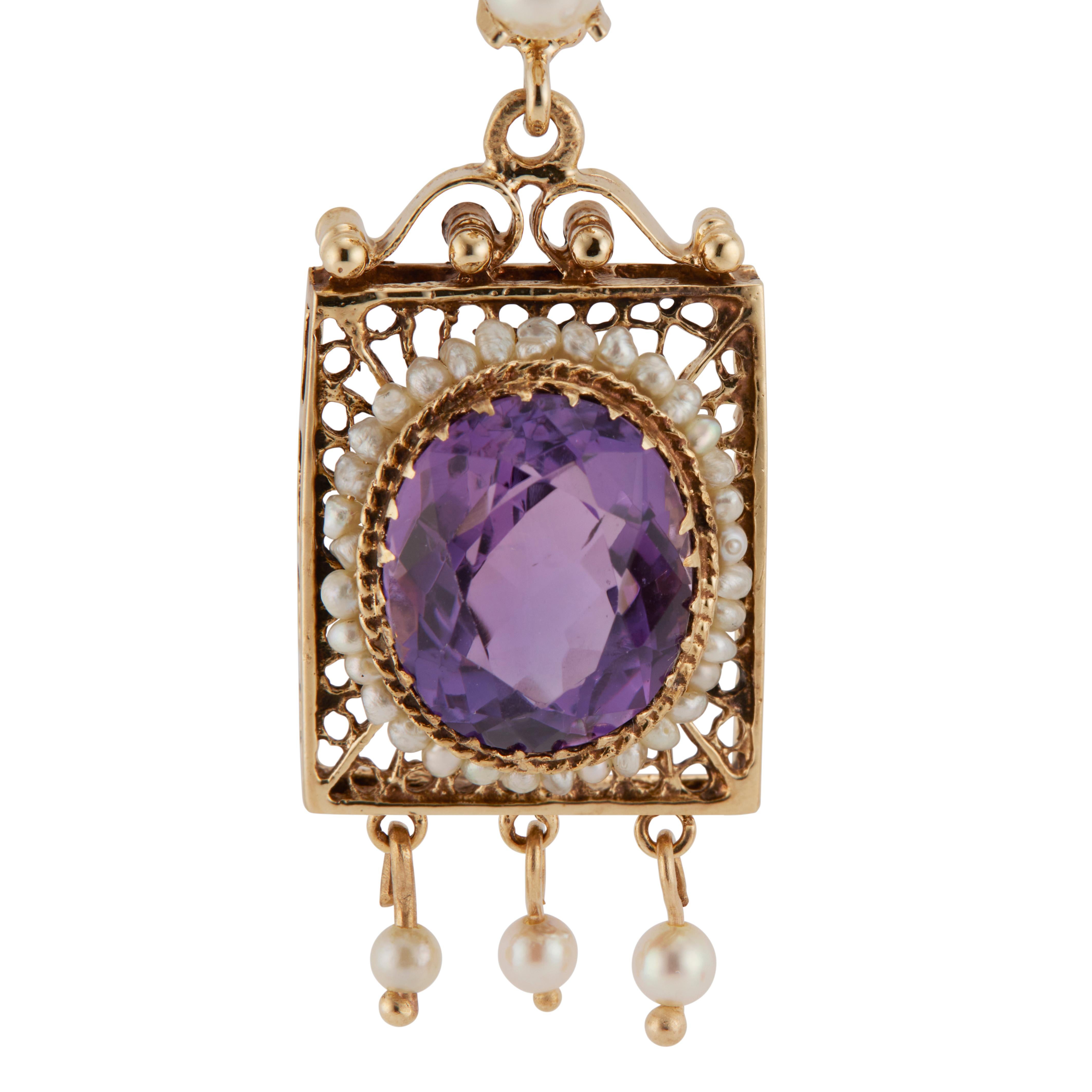 9.00 Carat Amethyst Pearl Yellow Gold Dangle Earrings In Good Condition For Sale In Stamford, CT