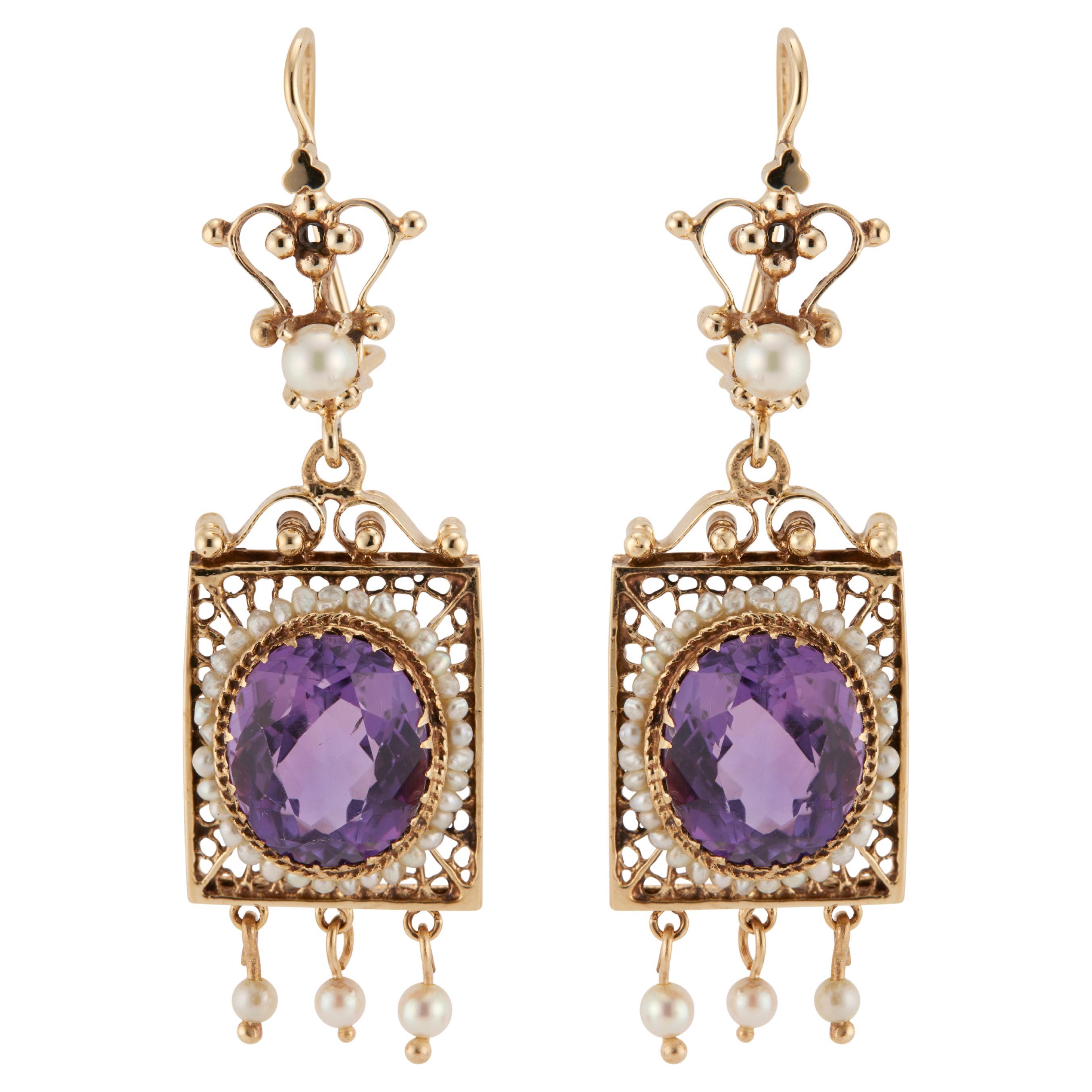 9.00 Carat Amethyst Pearl Yellow Gold Dangle Earrings For Sale
