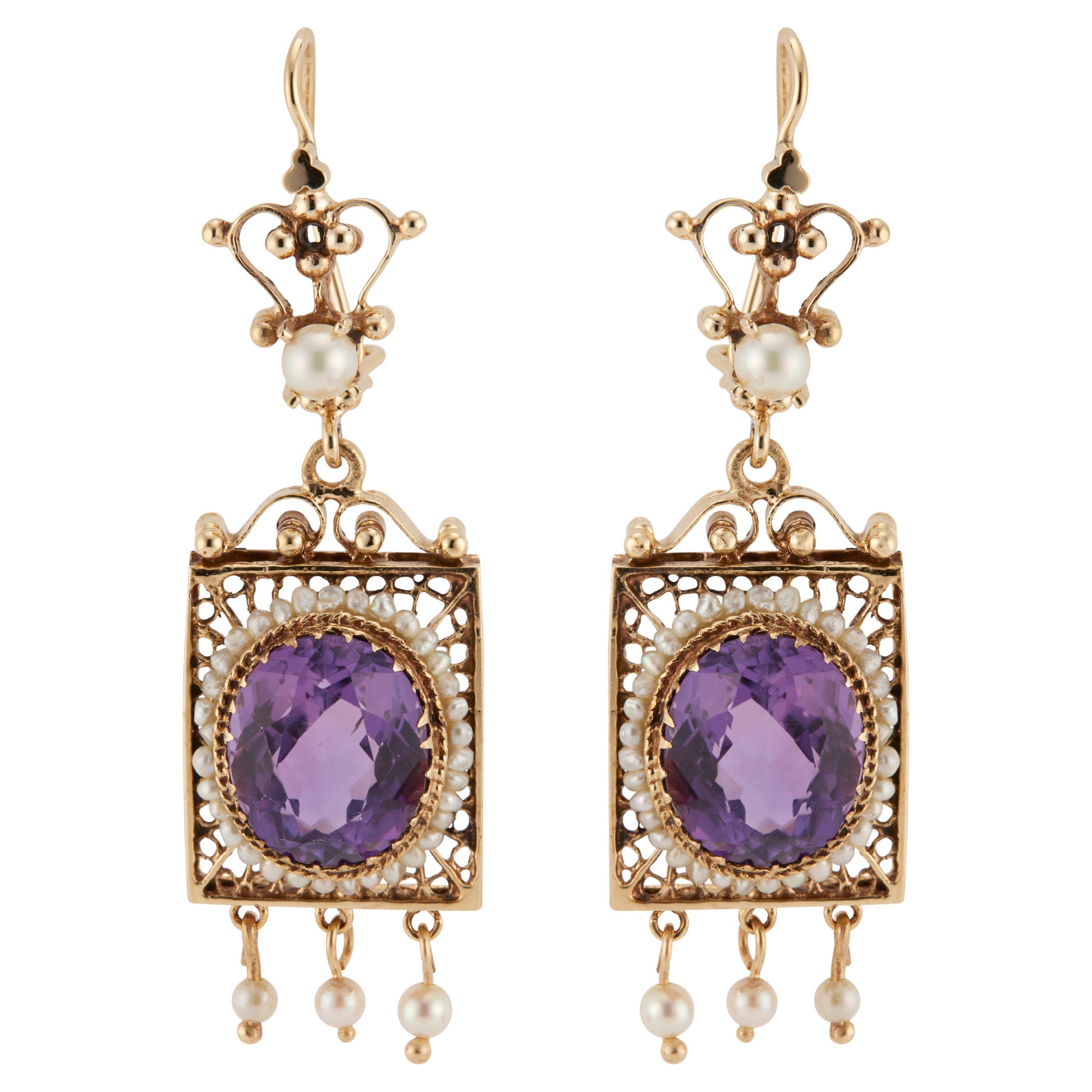 9.00 Carat Amethyst Pearl Yellow Gold Dangle Earrings