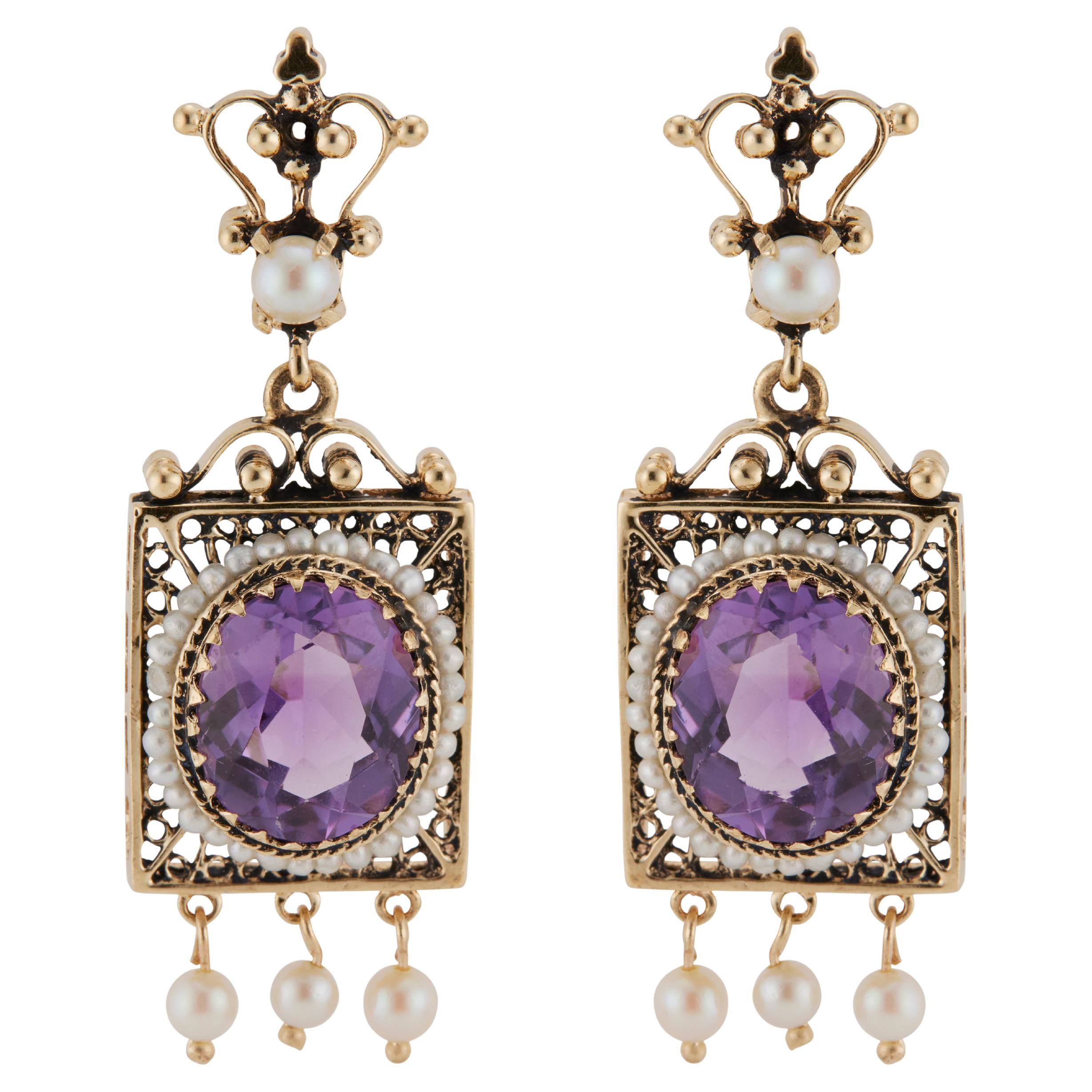 Amethyst Pearl Gold Dangle Earrings For Sale (Free Shipping) at 1stDibs