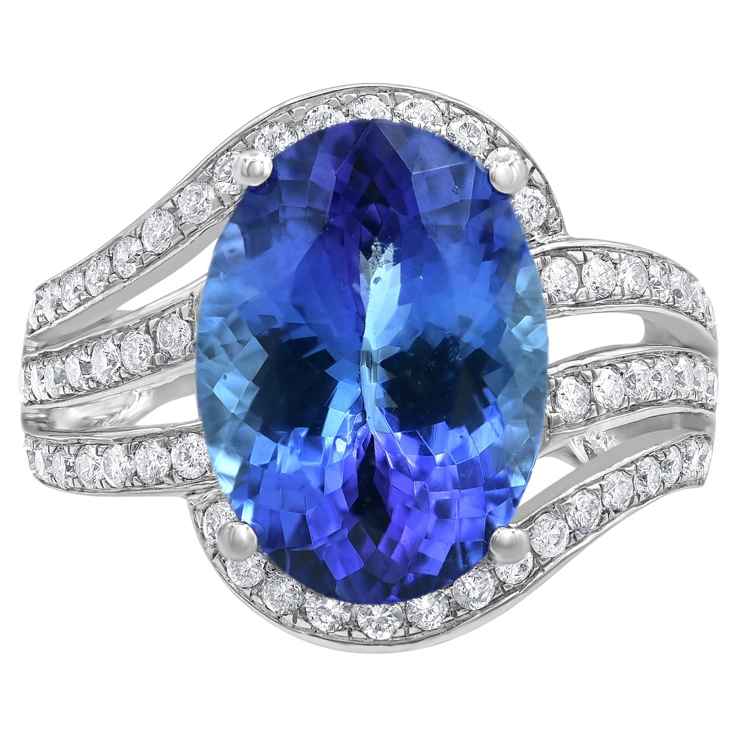 9.00 Carat Diamond and Tanzanite 14K White Gold Prong Set Triple Row Ring For Sale