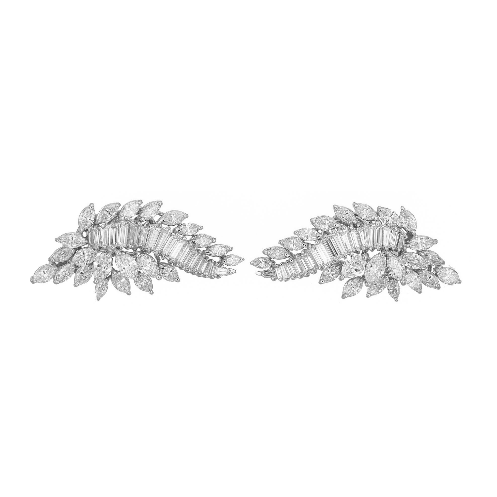 Vintage 1950's Spray design diamond cluster clip post earrings in platinum with white gold omega clip backs.  44 Marquise cut diamonds with 40 baguette cut diamonds totaling 9.00 carats. 

44 marquise diamonds, G VS
40 baguette cut diamonds, G