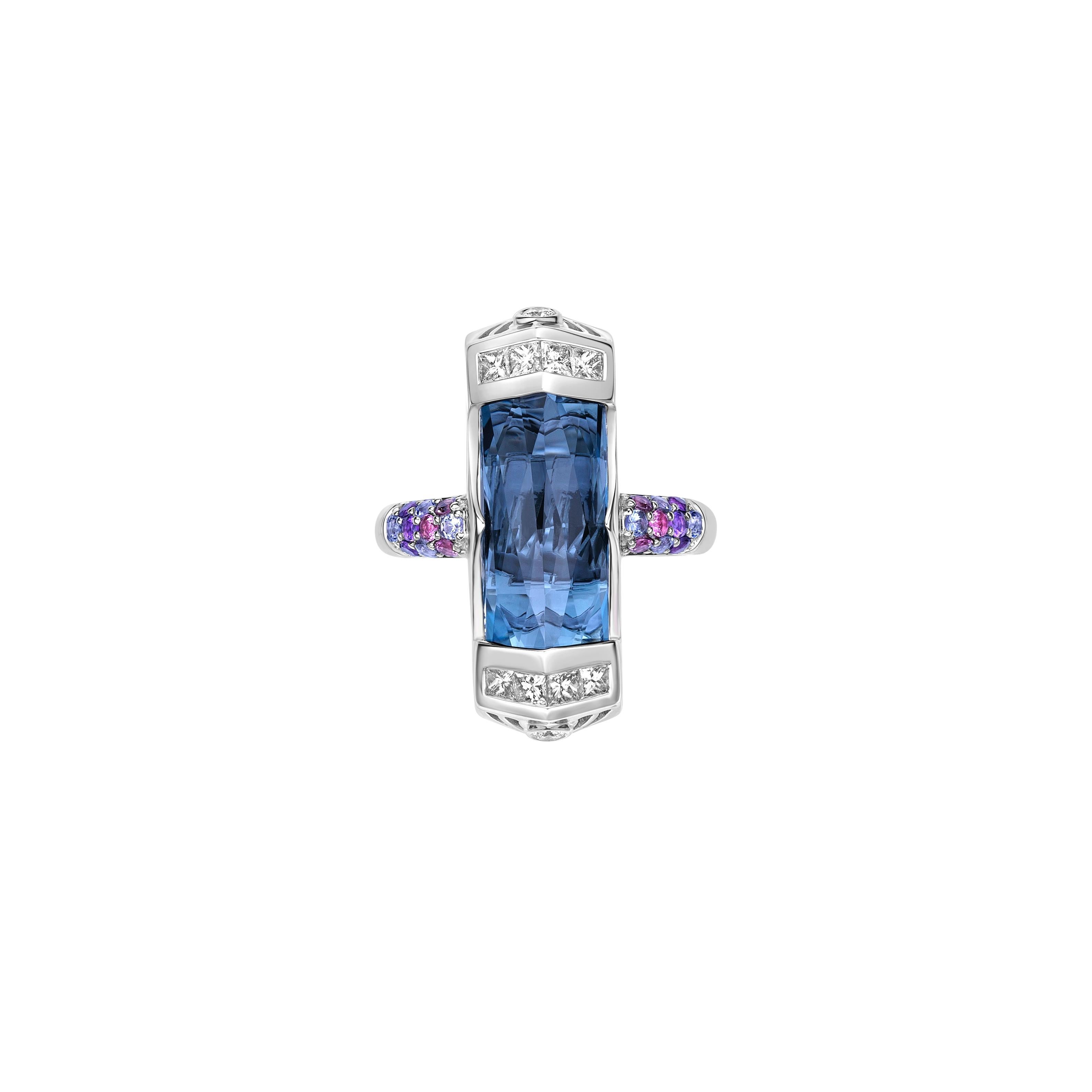 Contemporary 9.00Carat London Blue Topaz Cocktail Ring in 18KWG with Multi Gemstone & Diamond For Sale