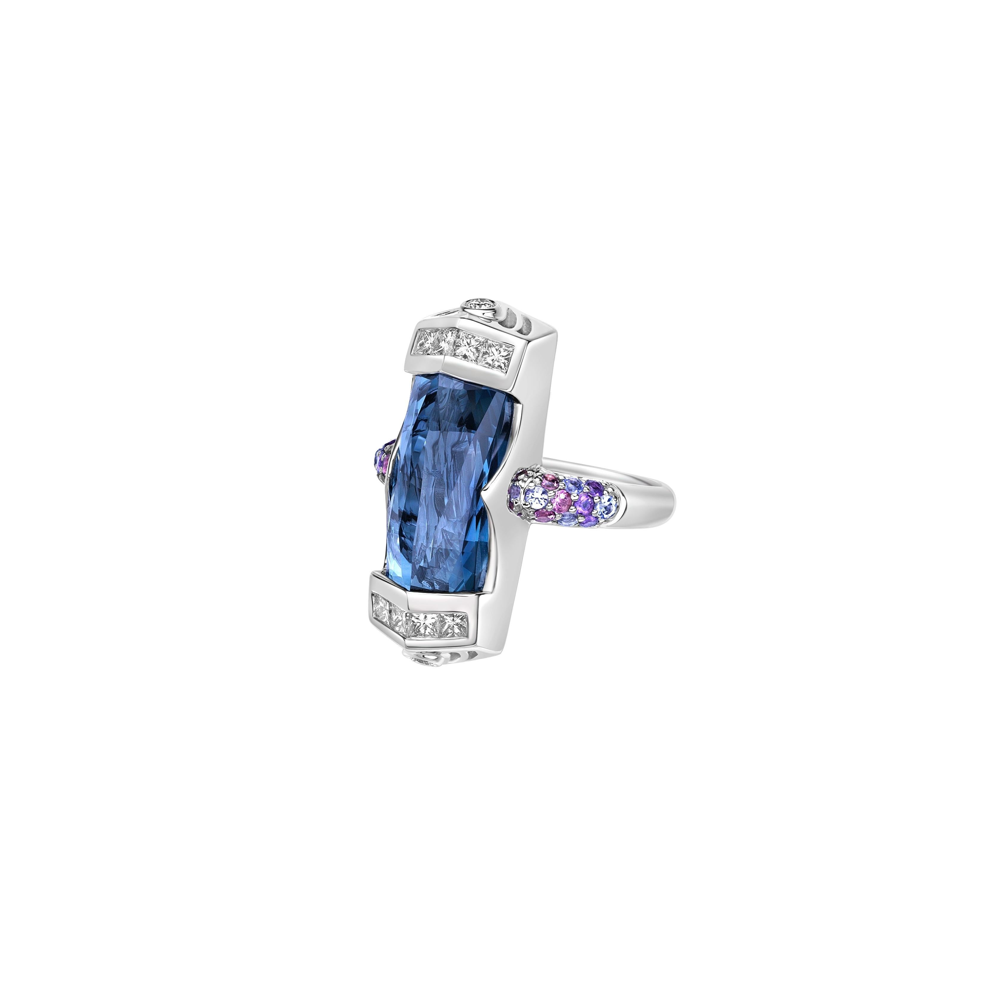 Baguette Cut 9.00Carat London Blue Topaz Cocktail Ring in 18KWG with Multi Gemstone & Diamond For Sale