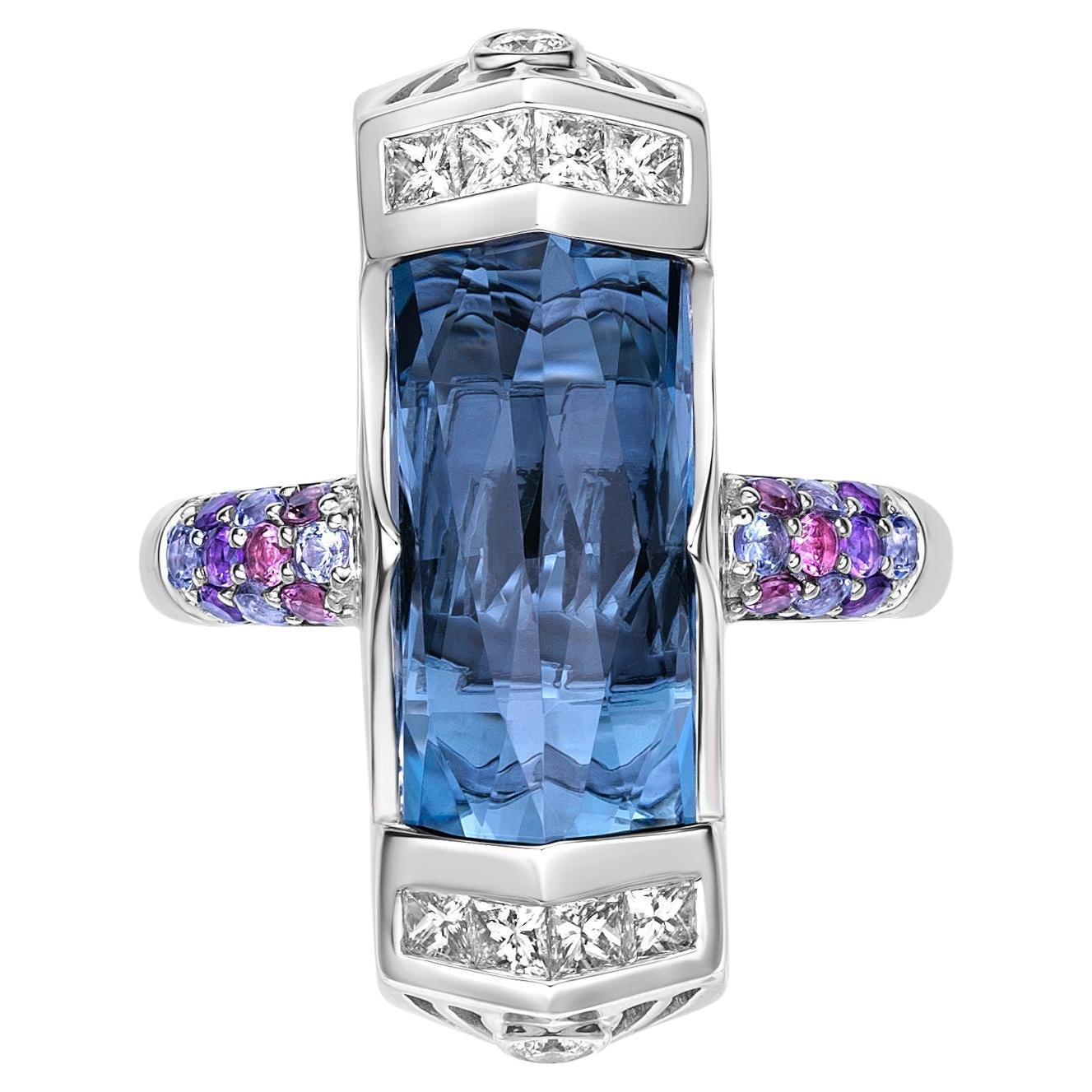 9.00Carat London Blue Topaz Cocktail Ring in 18KWG with Multi Gemstone & Diamond For Sale