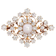 9.00 Carat Natural Pearl And Old European Cut Diamond Pin