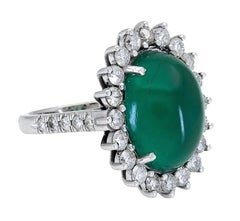 9.00 Carat Oval Cabochon Emerald and Diamond Flower Halo Cocktail Ring