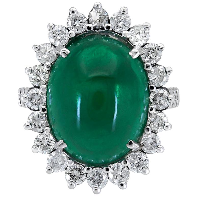 9.00 Carat Oval Cabochon Emerald and Diamond Flower Halo Cocktail Ring For Sale