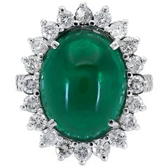 Vintage 9.00 Carat Oval Cabochon Emerald and Diamond Flower Halo Cocktail Ring