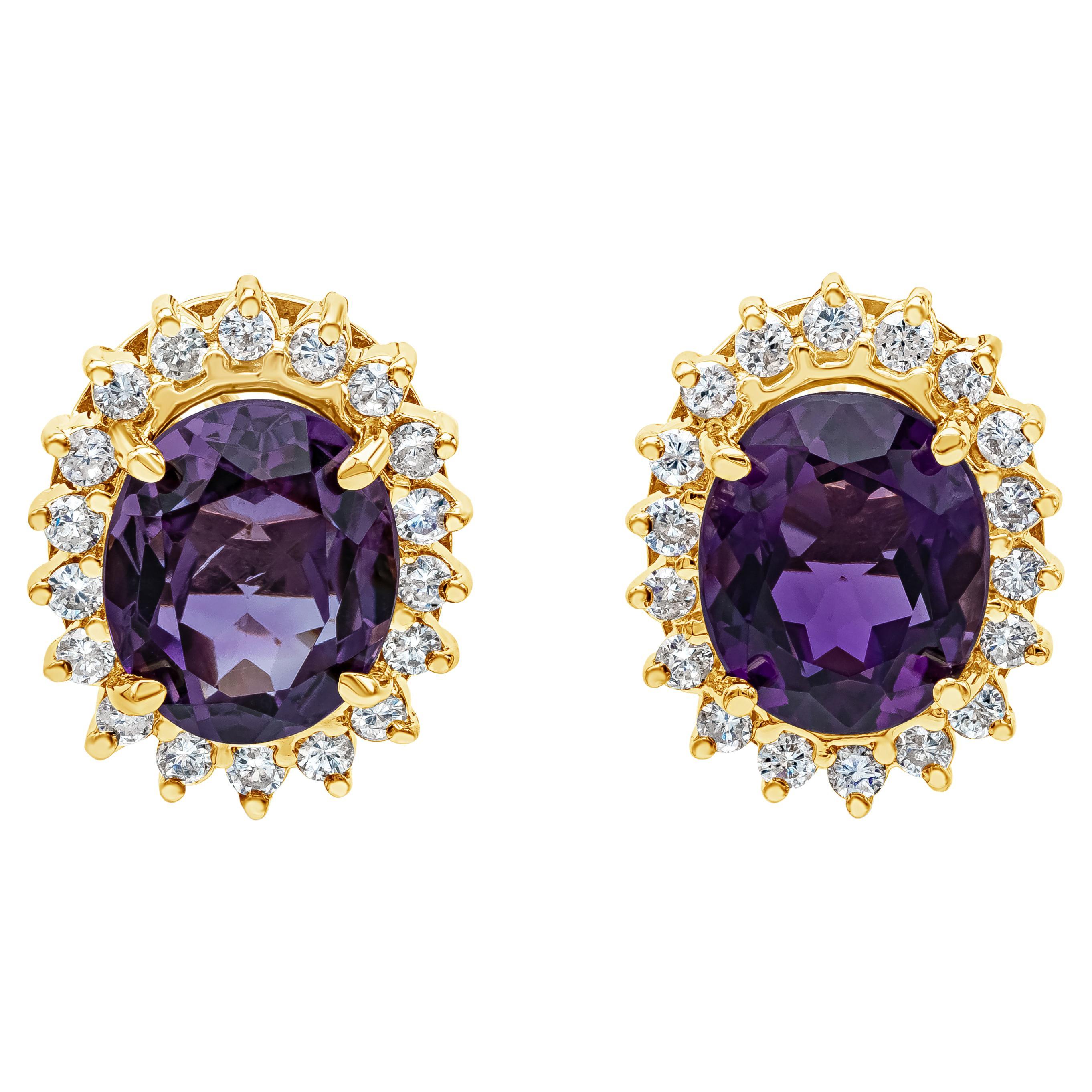 9.00 Carats Total Oval Cut Amethyst and Round Diamond Halo Clip-on Earrings