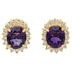 Vintage 9.00 Carats Total Oval Cut Amethyst and Round Diamond Halo Clip-on Earrings