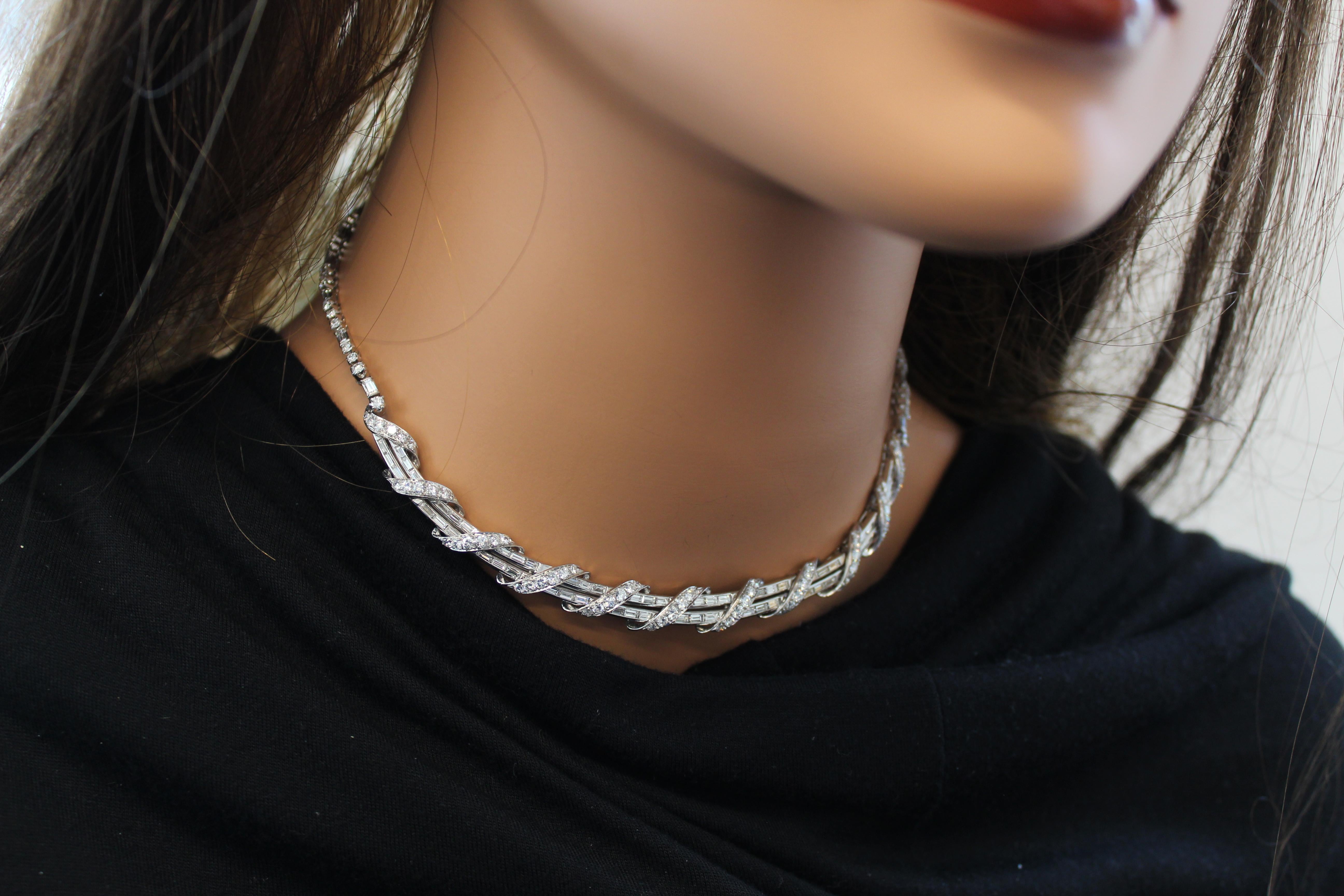 Contemporary 9.00 Carat Total Weight Baguette & Round Diamond Fashion Necklaces in Platinum For Sale