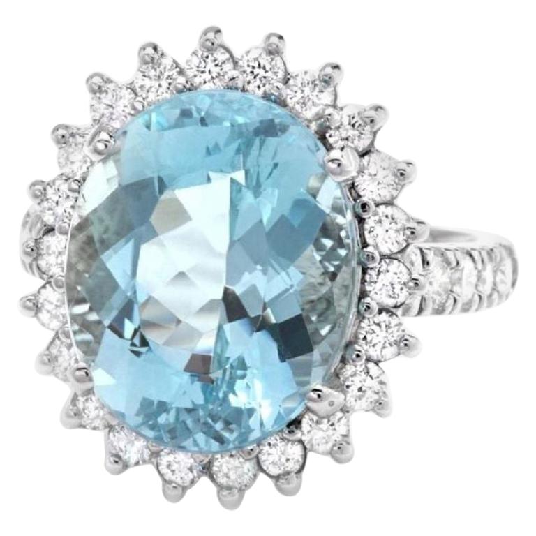9.00 Karat Beeindruckender Ring mit natürlichem Aquamarin und Diamant aus 14 Karat massivem Gold
