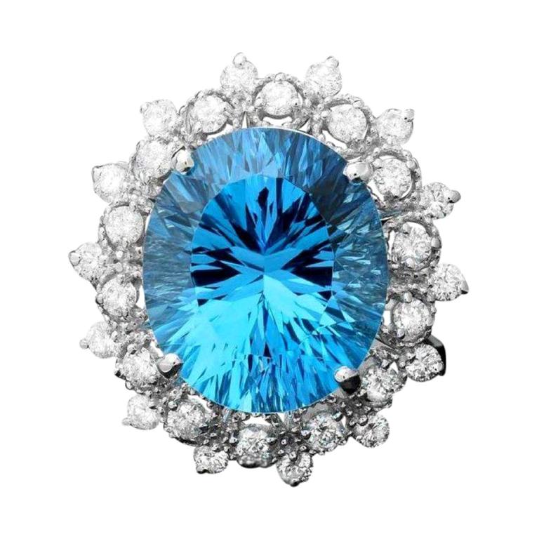 9.00 Carats Natural Blue Topaz and Diamond 14k Solid White Gold Ring