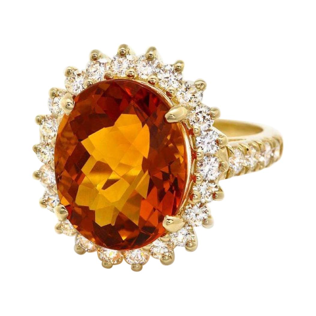 9.00 Carats Natural Citrine and Diamond 14k Solid Yellow Gold Ring
