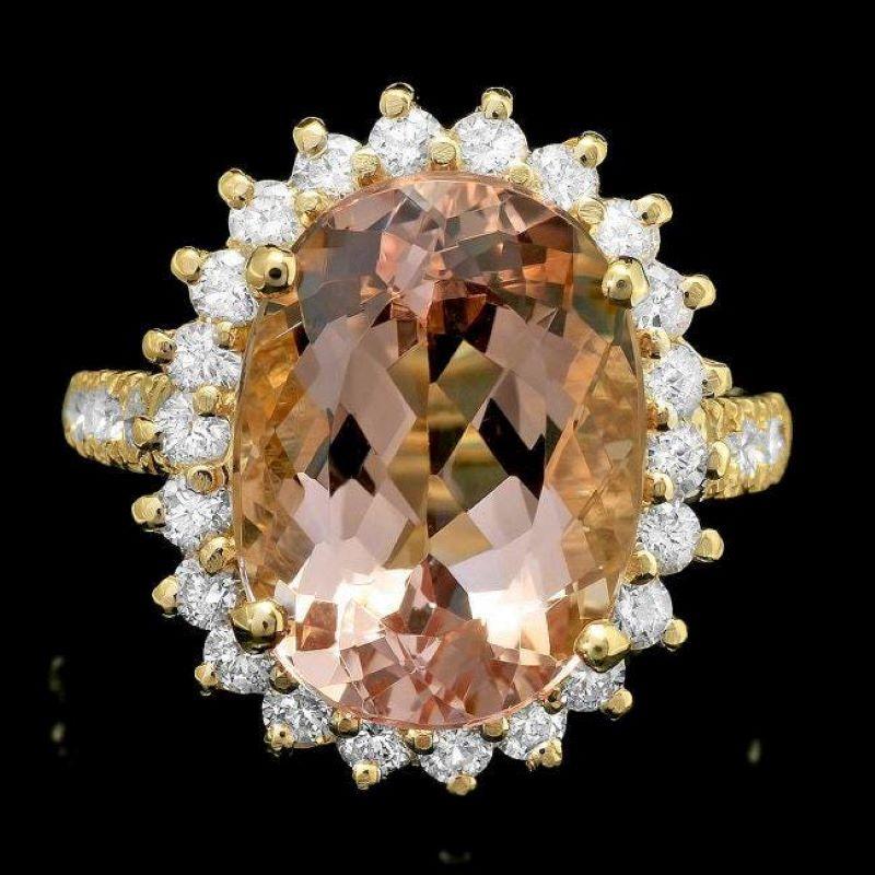 Mixed Cut 9.00 Carats Natural Morganite and Diamond 14k Solid Yellow Gold Ring For Sale