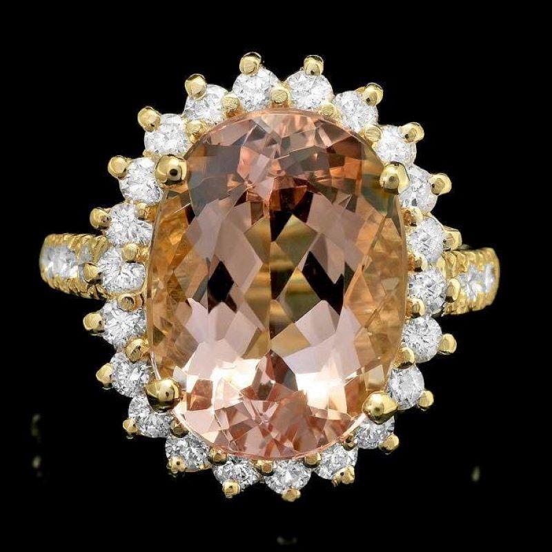 Taille mixte Bague en or jaune massif 14 carats avec diamants et morganite naturelle de 9,00 carats en vente