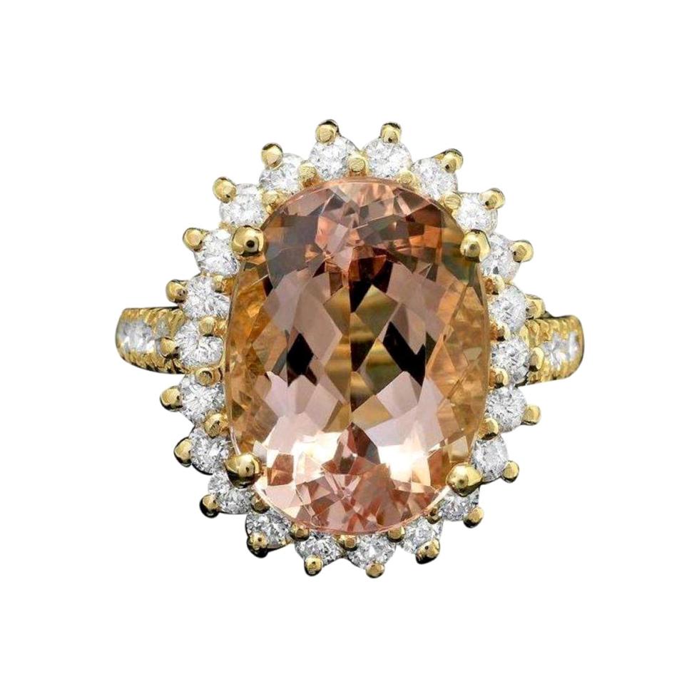 9.00 Carats Natural Morganite and Diamond 14k Solid Yellow Gold Ring