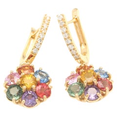 9.00 Carats Natural Multi-Color Sapphire 14K Solid Yellow Gold Earrings