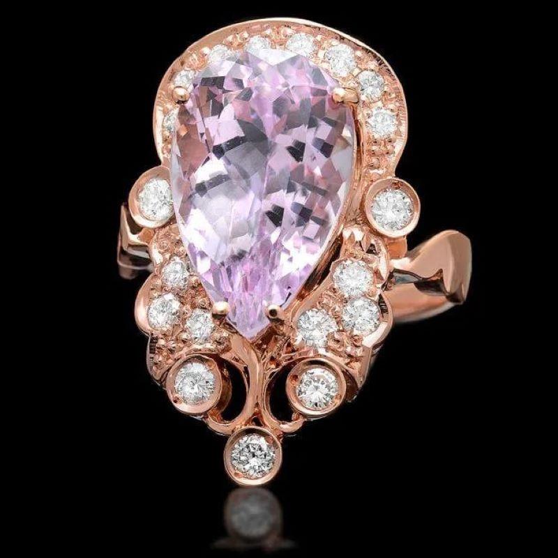 Mixed Cut 9.00 Carats Natural Pink Kunzite and Diamond 14K Solid Rose Gold Ring For Sale