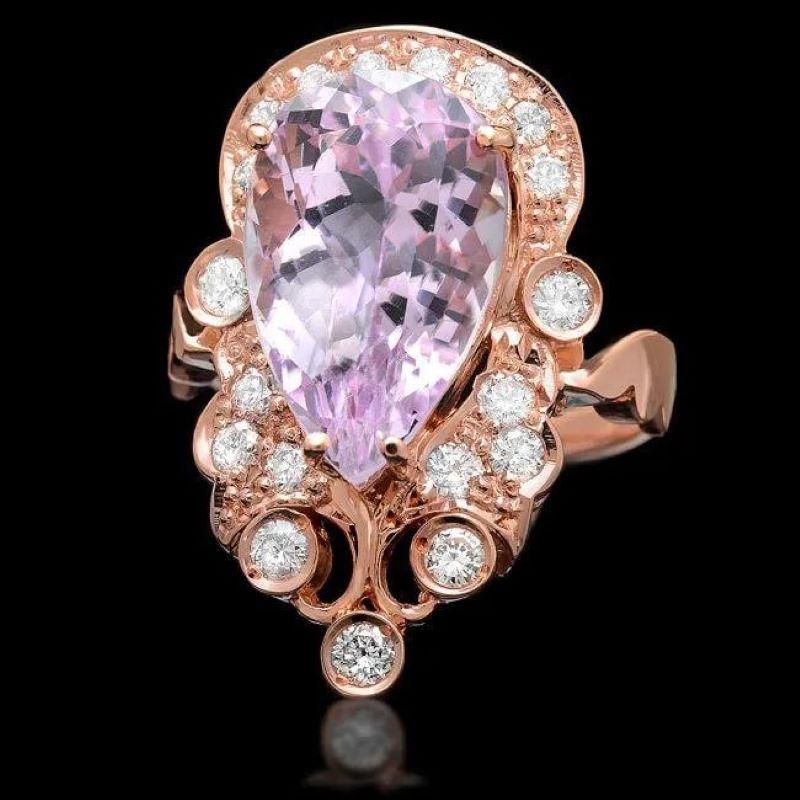 Anillo de oro rosa macizo de 14 quilates con kunzita rosa natural de 9,00 quilates y diamante Corte mixto en venta