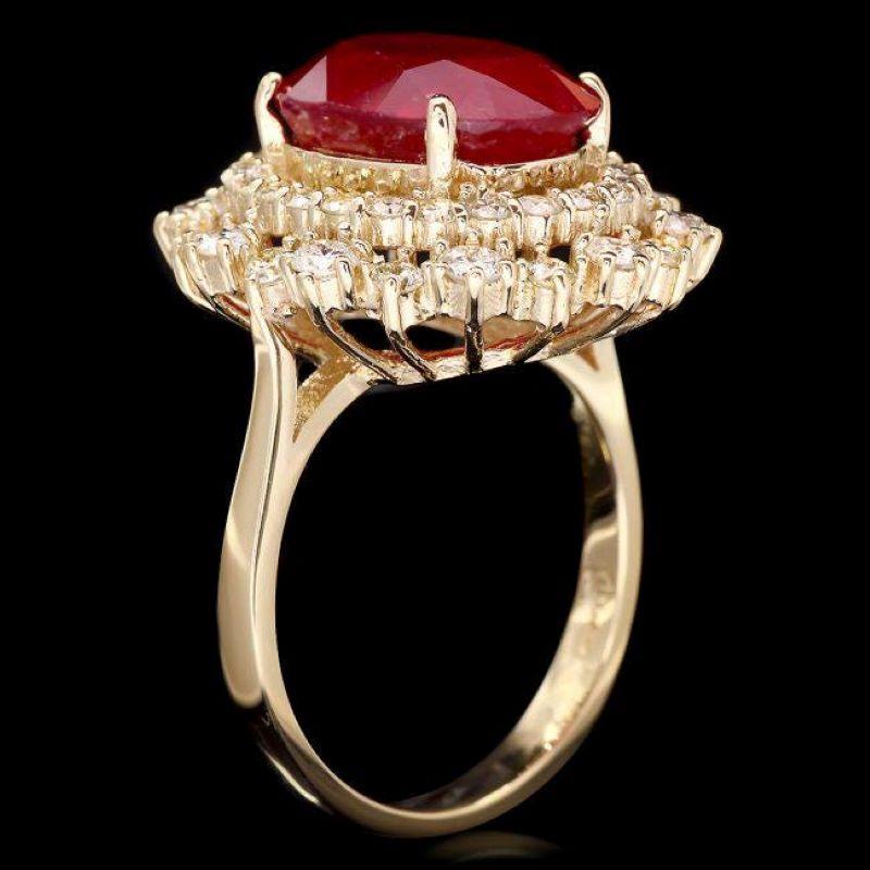 9.00 Carats Natural Red Ruby and Diamond 14K Solid Yellow Gold Ring

Total Red Ruby Weight is: Approx. 7.60 Carats

Natural Oval Red Ruby Measures: Approx. 13.00 x 10.00mm

Ruby treatment: Fracture Filling

Natural Round Diamonds Weight: Approx.