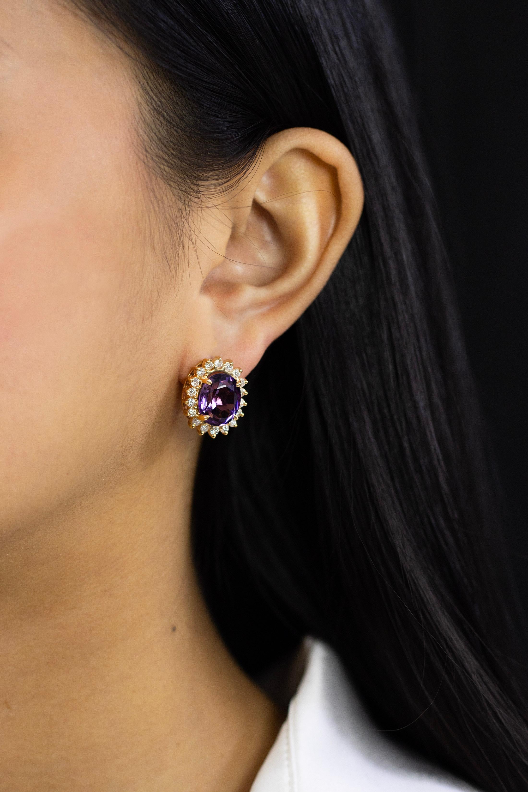 Contemporary 9.00 Carats Total Oval Cut Amethyst and Round Diamond Halo Clip-on Earrings For Sale