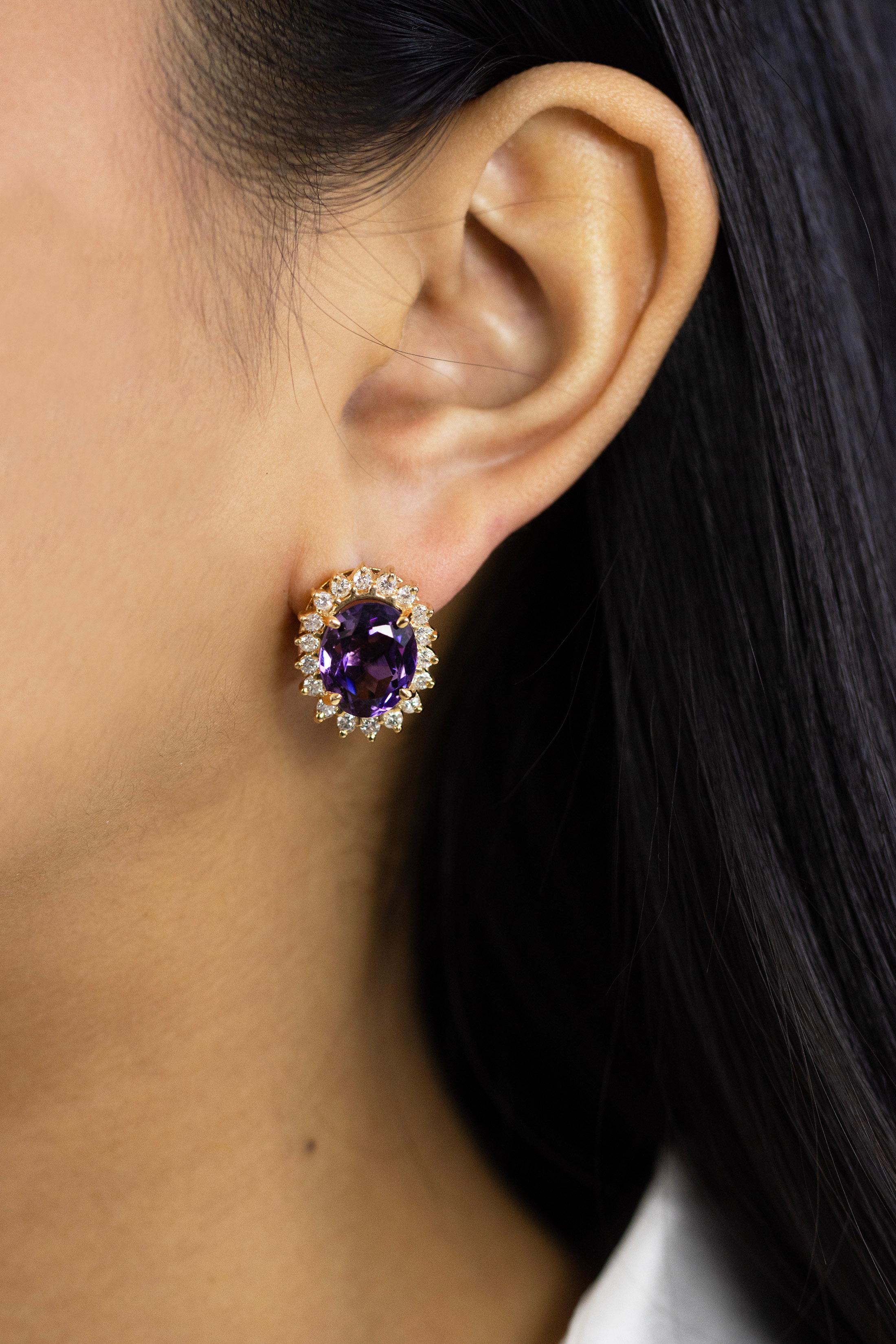 9.00 Carats Total Oval Cut Amethyst and Round Diamond Halo Clip-on Earrings In Excellent Condition For Sale In New York, NY